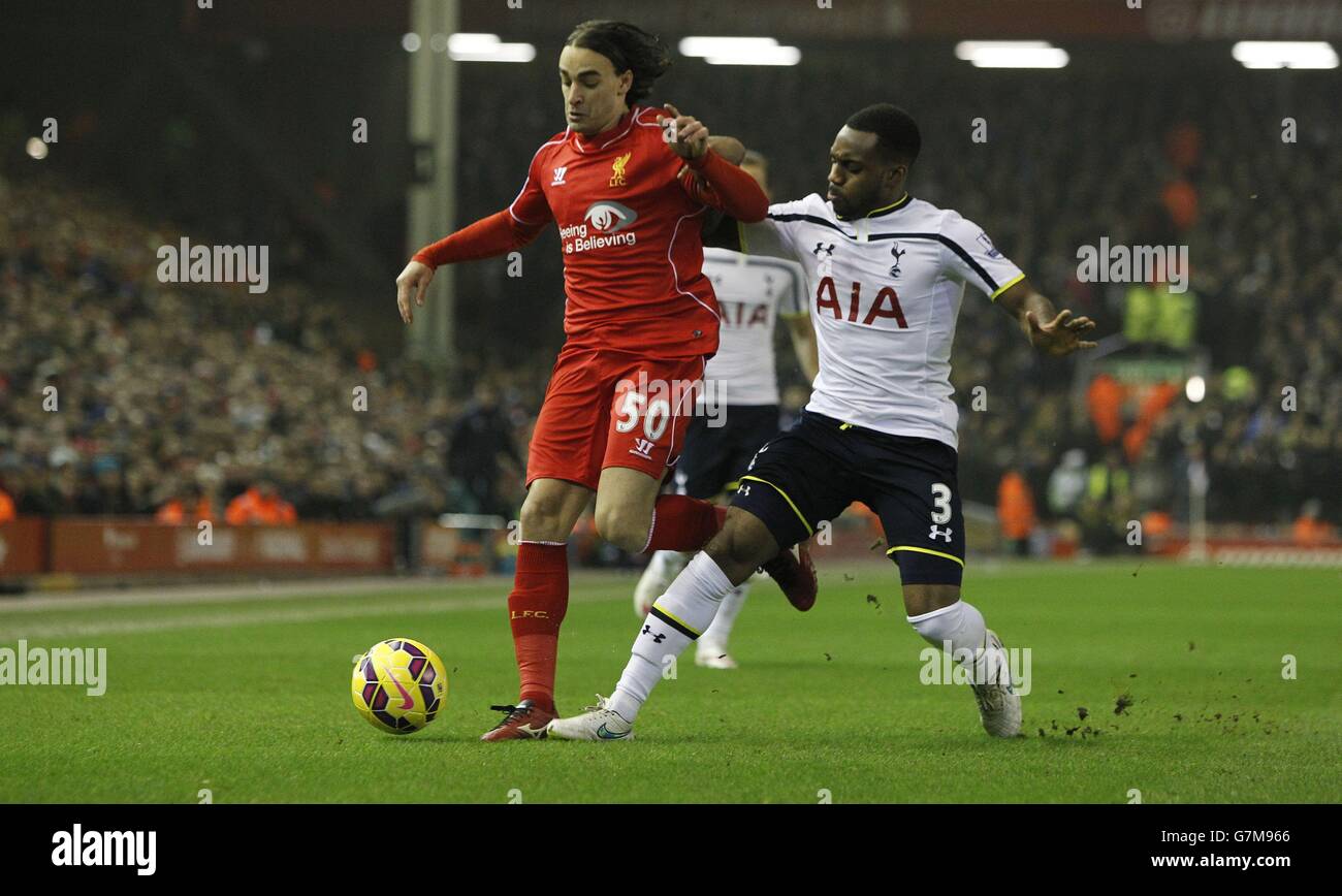 Football - Barclays Premier League - Liverpool / Tottenham Hotspur - Anfield.Lazar Markovic de Liverpool (à gauche) et Danny Rose de Tottenham Hotspur lors du match de la Barclays Premier League à Anfield, Liverpool. Banque D'Images