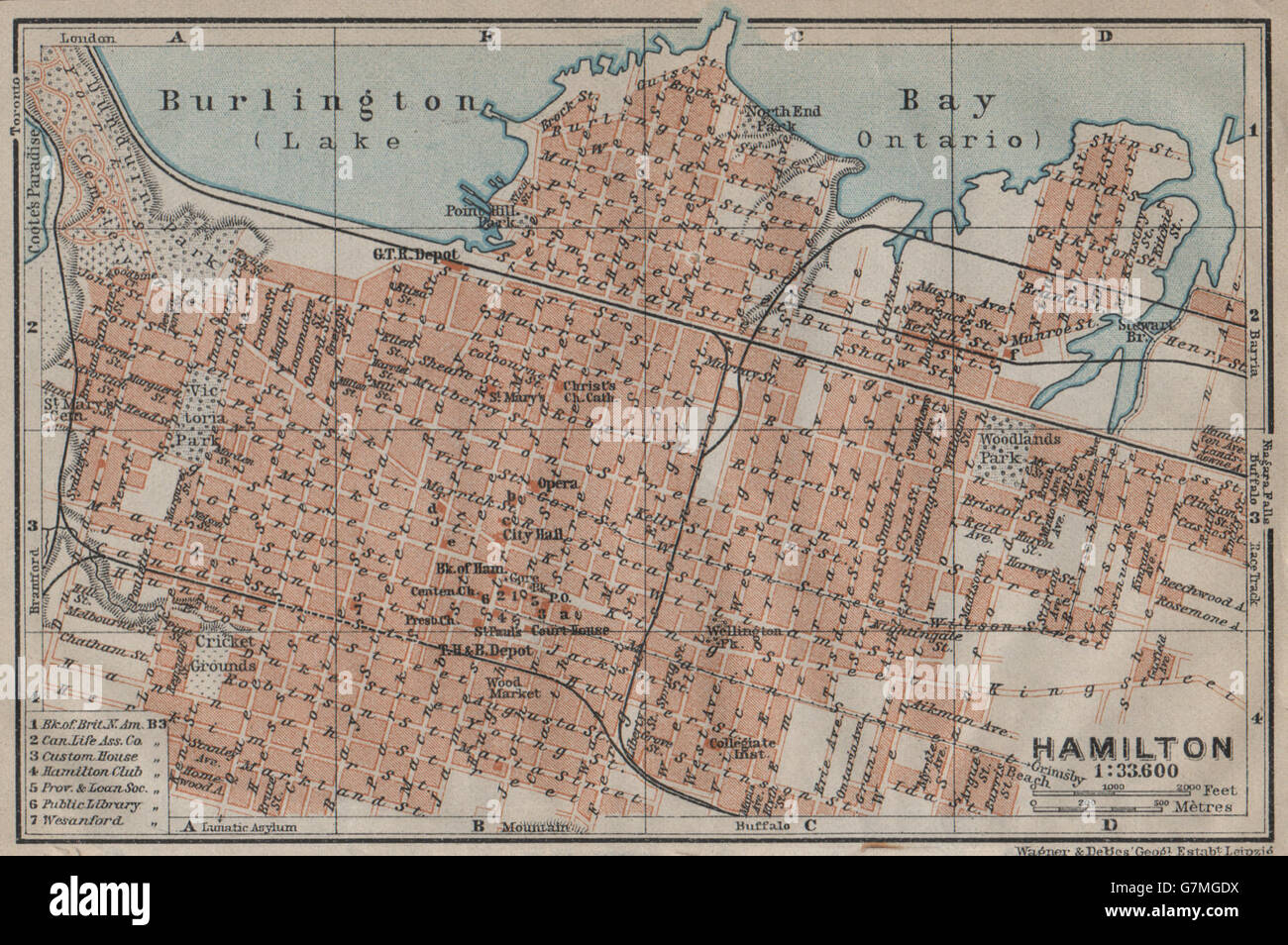 Plan de la ville ville de Hamilton. L'Ontario, Canada. Carte BAEDEKER, vintage 1922 Banque D'Images