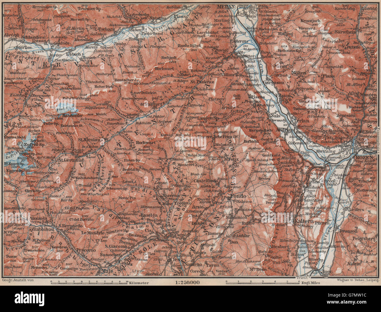 VINTSCHGAU ADIGE/ETSCH Ultental des vallées. Bozen/Bolzano Merano Südtirol, 1899 map Banque D'Images