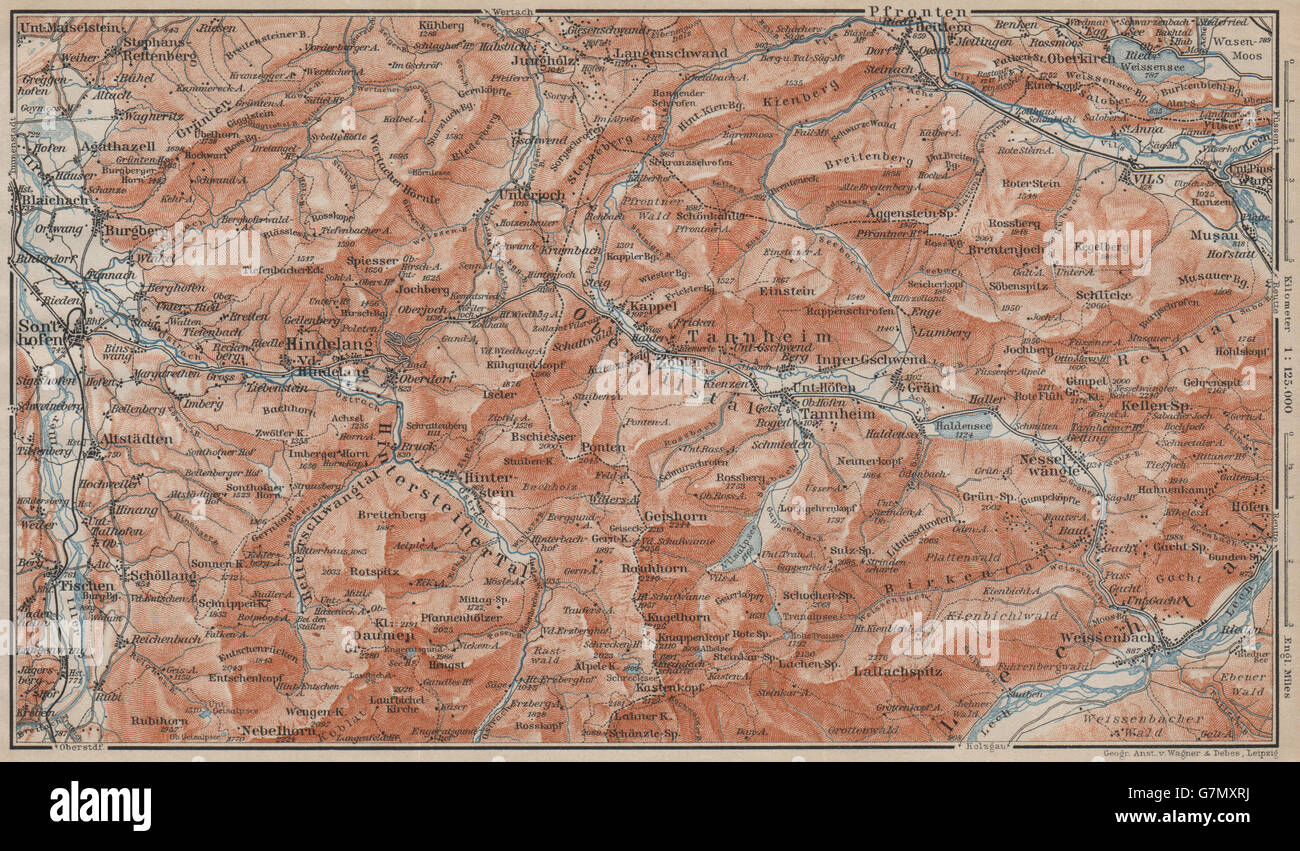 L'Allgäu & VALFREJUS Alpes. Hindelang Sonthofen Pfronten Tannheim, 1911 map Banque D'Images