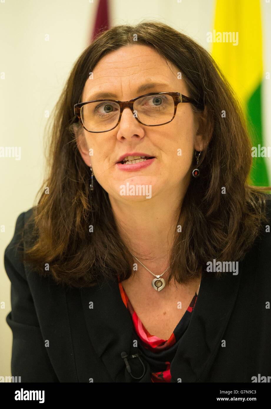 La commissaire européenne au commerce Cecilia Malmstrom s'exprime lors d'une réunion publique sur l'accord de libre-échange entre l'UE et les États-Unis du TTIP, à la Maison de l'Europe, à Westminster, à Londres. Banque D'Images
