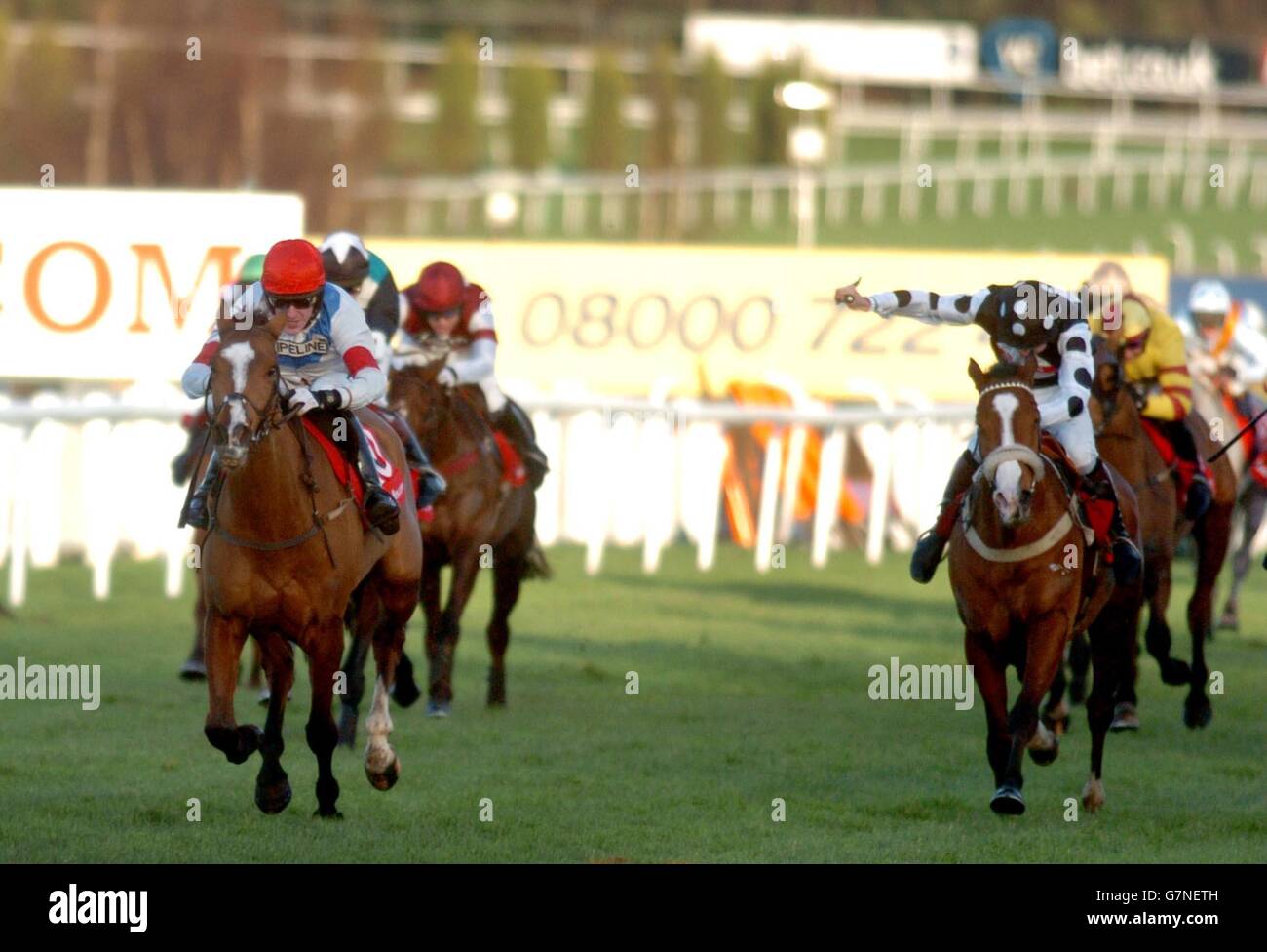 Tamarinbleu (à gauche), monté par UN P McCoy, mène le champ du roi Revo (à droite), monté par R Stephens, et rentre à la victoire. Banque D'Images