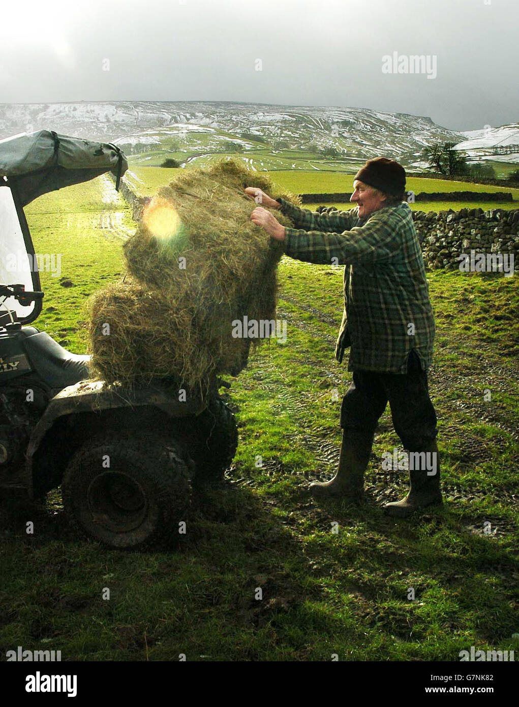 Un employé de ferme près de Grassington, dans le parc national de Yorkshire Dales, où les chefs de planification se réunissent aujourd'hui pour discuter des plans visant à restreindre la vente de nouvelles maisons aux habitants de la région, au milieu de déclarations selon lesquelles les riches étrangers à la recherche de maisons secondaires prient les habitants hors du marché. Banque D'Images