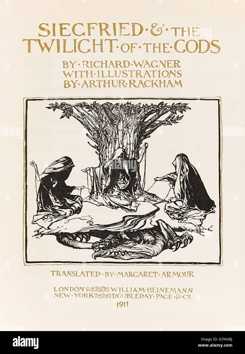Page de titre à partir de la première édition de "& Siegfried Le Crépuscule des dieux' illustré par Arthur Rackham (1867-1939) publié en 1911 montrant les trois Nornes faisant tourner les filets du sort au pied d'Yggdrasil, l'arbre du monde. . Banque D'Images