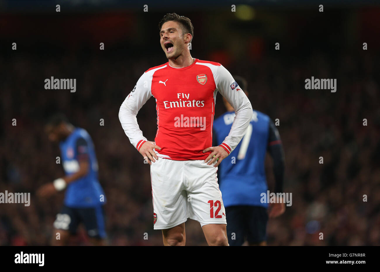 Olivier Giroud d'Arsenal réagit lors du match de la Ligue des champions de l'UEFA Round de 16 au stade Emirates, Londres. Banque D'Images