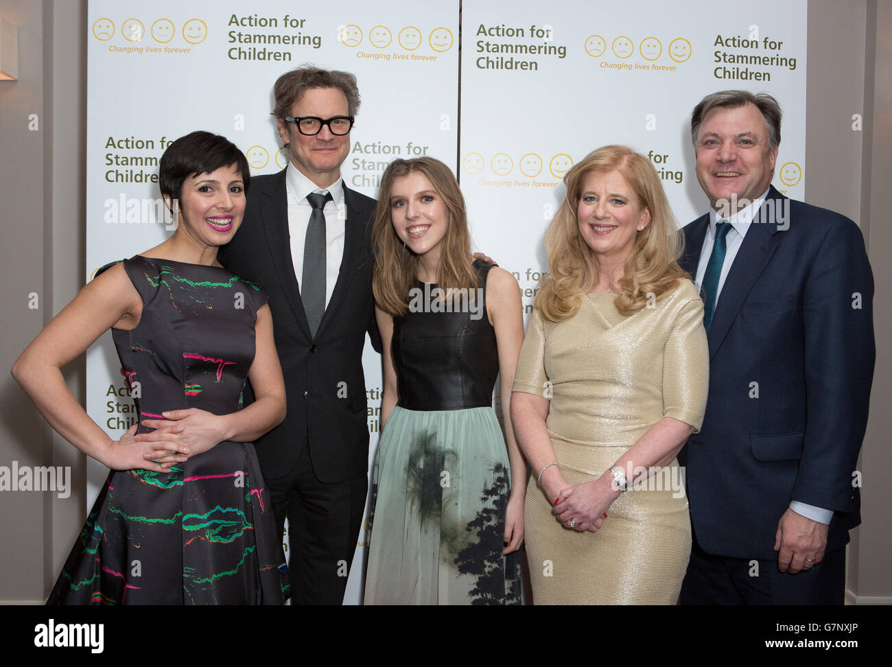 (Gauche - droite) Chef de l'exécutif d'action Stamping Children Balshen Izzet, Colin Firth, Arielle (nom de famille non donné) qui souffre d'une endurance, Joanna Hunter et Shardow Chancellor Ed Balls au lancement de l'appel Unlock a Child's Voice à l'hôtel Berkeley, Knightbridge, Londres. APPUYEZ SUR ASSOCIATION photo. Date de la photo: Mardi 24 février 2015. Le crédit photo devrait se lire: Daniel Leal-Olivas/PA Wire Banque D'Images