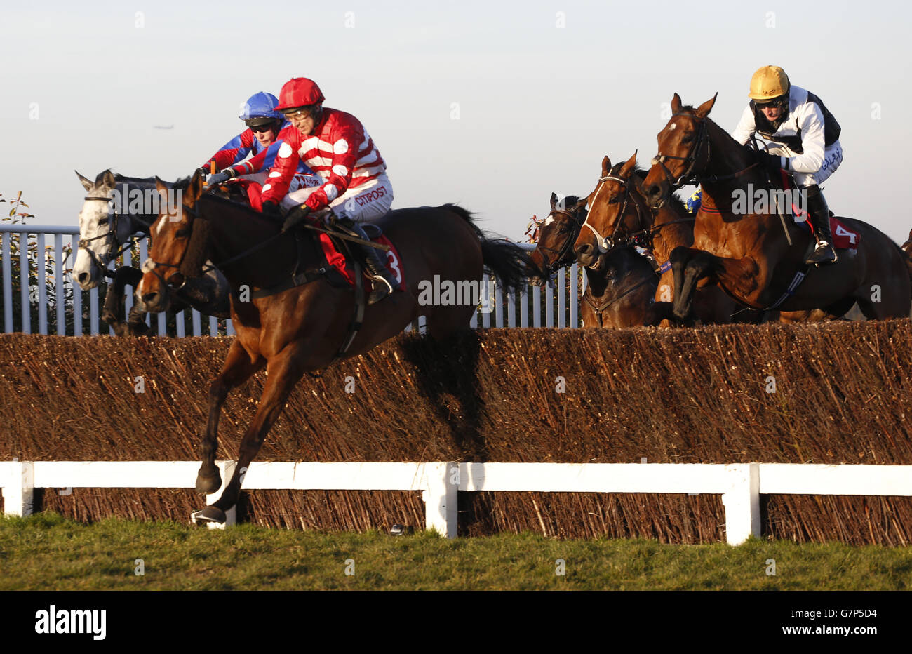 Anay Turge, criblée par Tom Scudamore (à l'extrême gauche), saute une clôture en compagnie de Dare to Endeavour par Paddy Brennan avant de gagner la 16.55 ; la course William Hill #CheltenhamReady handicap Steeple Chase, qui se déroule pendant la journée de la coupe impériale William Hill au champ de courses de Sandown, Surrey. Banque D'Images