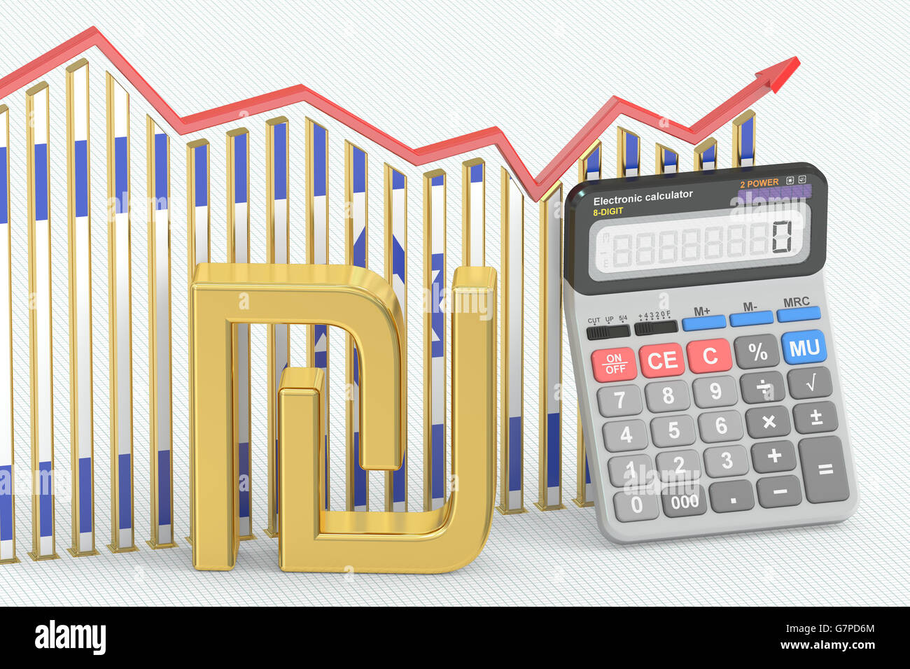 Business finance, banque et comptabilité graphique avec symbole d'Israël sicle et Calculatrice. Le rendu 3D Banque D'Images