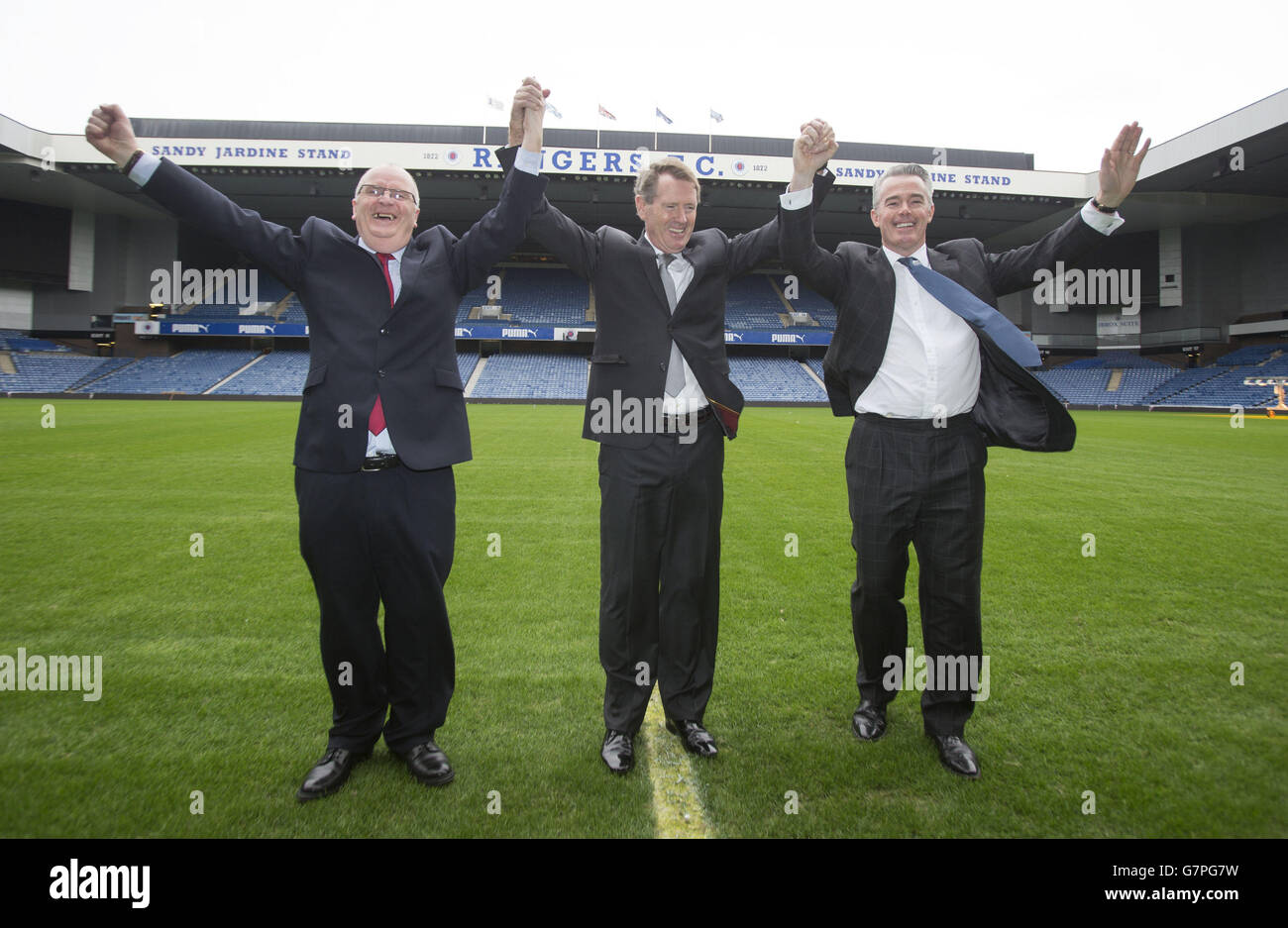 John Gilligan, Dave King et Paul Murray à la suite de l'EGM des Rangers à Ibrox, Glasgow. Banque D'Images