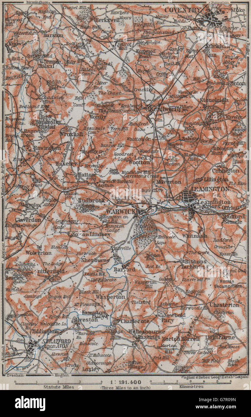 Pays de Shakespeare. Warwick, Coventry Kenilworth Stratford Leamington carte 1910 Banque D'Images