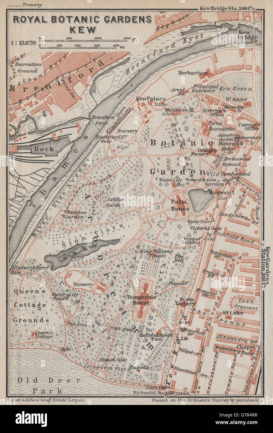 Jardins botaniques royaux, Kew plan au sol. Londres. Carte BAEDEKER, vintage 1930 Banque D'Images