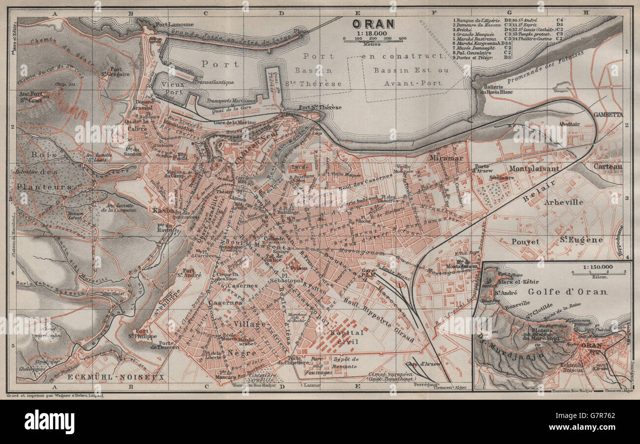 ORAN ville antique plan de ville et environs. Carte de l'Algérie. Ancienne carte BAEDEKER, 1911 Banque D'Images