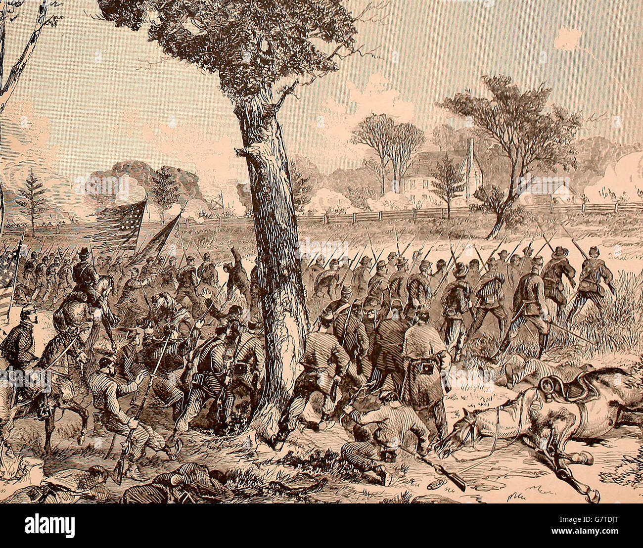 La bataille de Cold Harbor, en Virginie. La dix-huitième conduite Corps les forces de Longstreet à partir de leur première ligne de tirailleurs. 1 juin 1864. Guerre civile USA Banque D'Images