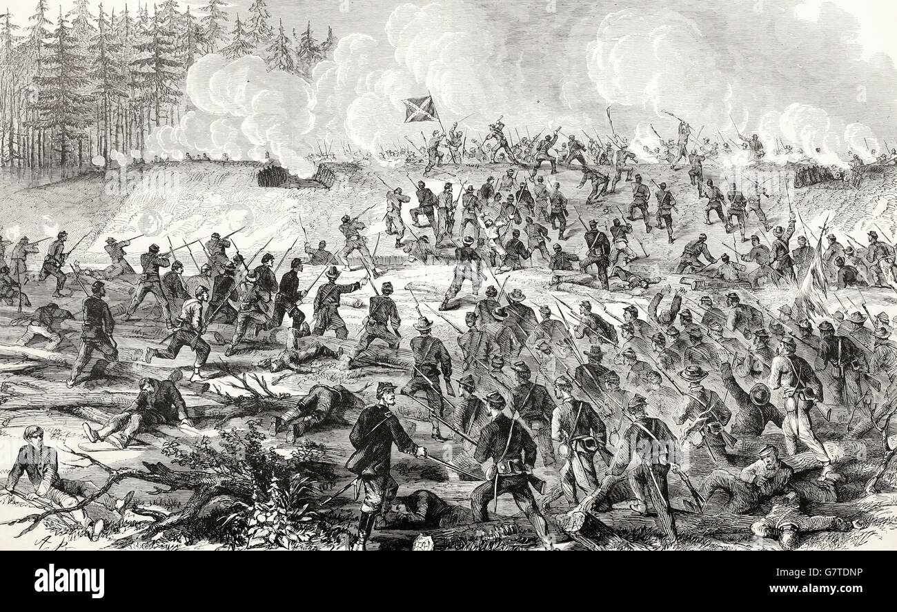 La guerre en Virginie - un régiment de la 18e Corps canadien transportant une partie de la ligne en face de Petersburg. Guerre civile USA Banque D'Images