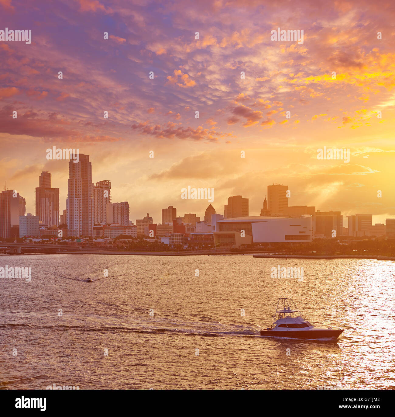 Coucher du soleil sur le centre-ville de Miami en Floride USA Banque D'Images