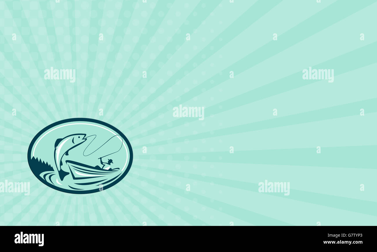 Carte montrant l'illustration d'un pêcheur de mouche La pêche sur un bateau sous les poissons truite saumon situé à l''intérieur de la forme ovale fait dans Banque D'Images