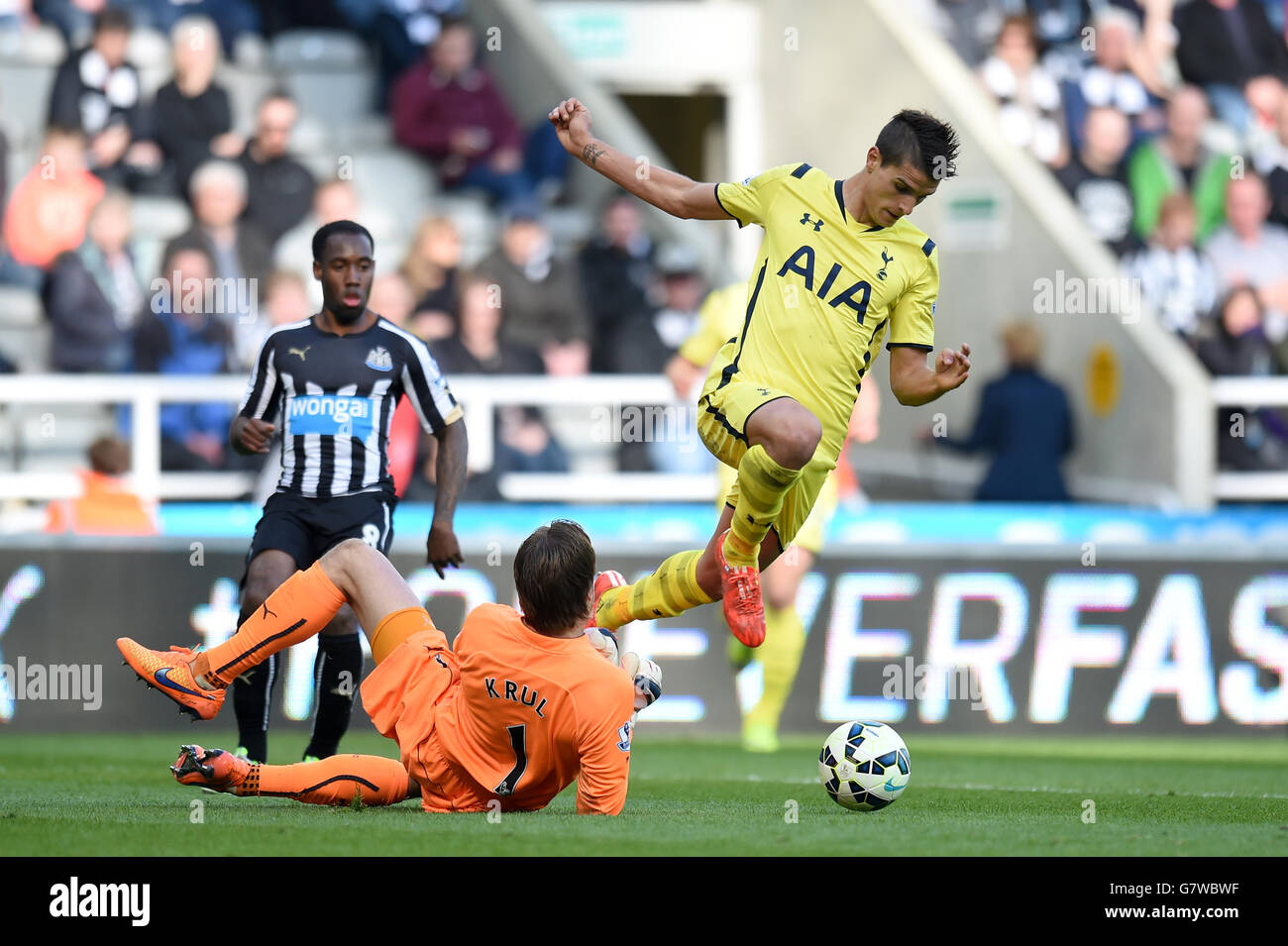 Tim Krul, gardien de but de Newcastle United, et Erik Lamela (à droite) de Tottenham Hotspur pendant le match de la Barclays Premier League à St James' Park, Newcastle. APPUYEZ SUR ASSOCIATION photo. Date de la photo: Dimanche 19 avril 2015. Voir PA Story FOOTBALL Newcastle. Le crédit photo devrait se lire: Owen Humphreys/PA Wire. Banque D'Images