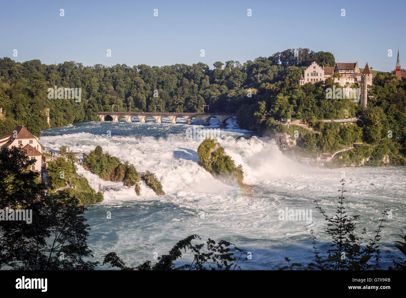 Chutes du Rhin et Schloss Laufen château vu de Neuhausen, canton de Schaffhouse, Suisse. Banque D'Images