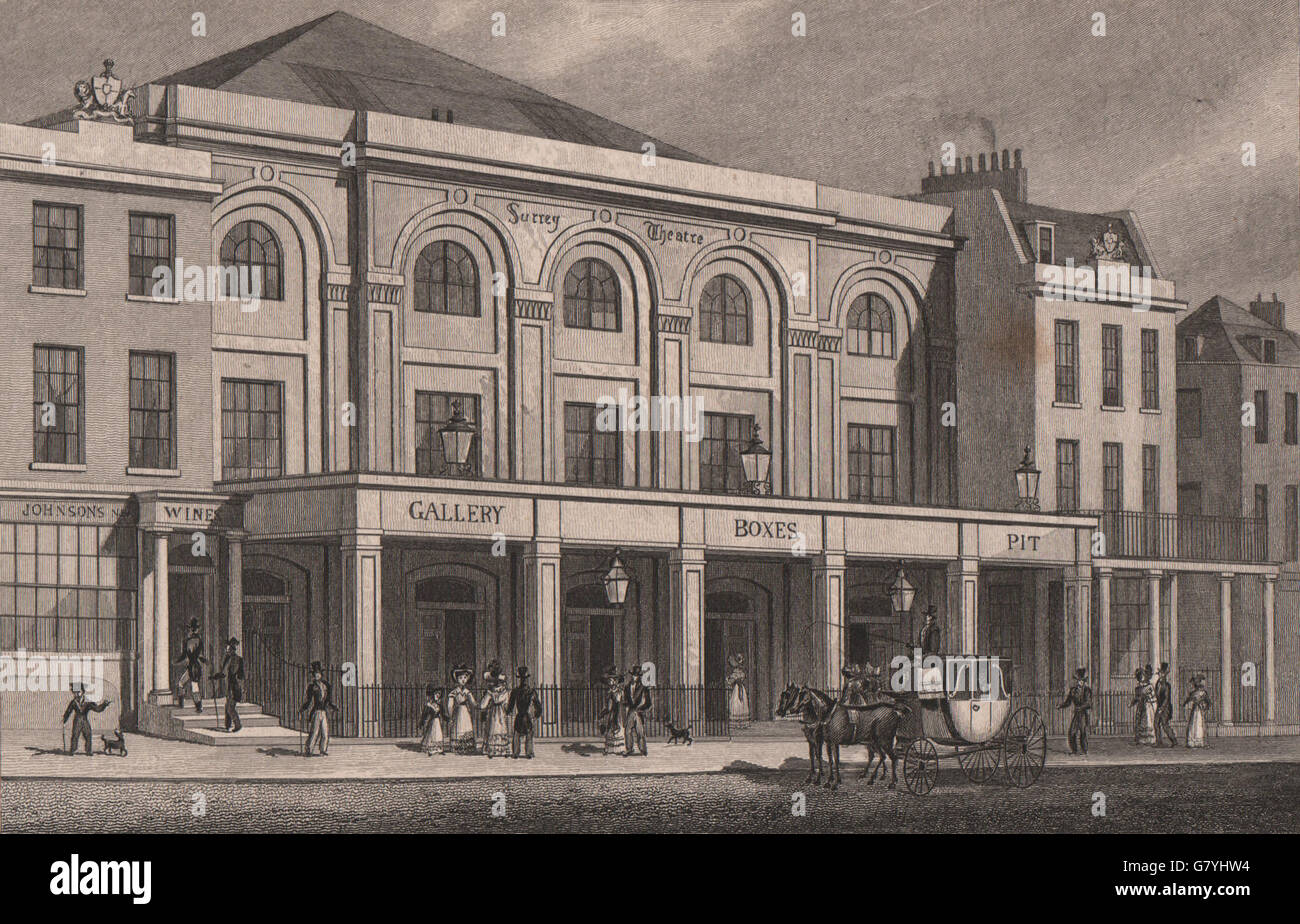LAMBETH. Surrey Theatre, Blackfriars Road. Londres. Berger, ancien imprimer 1828 Banque D'Images