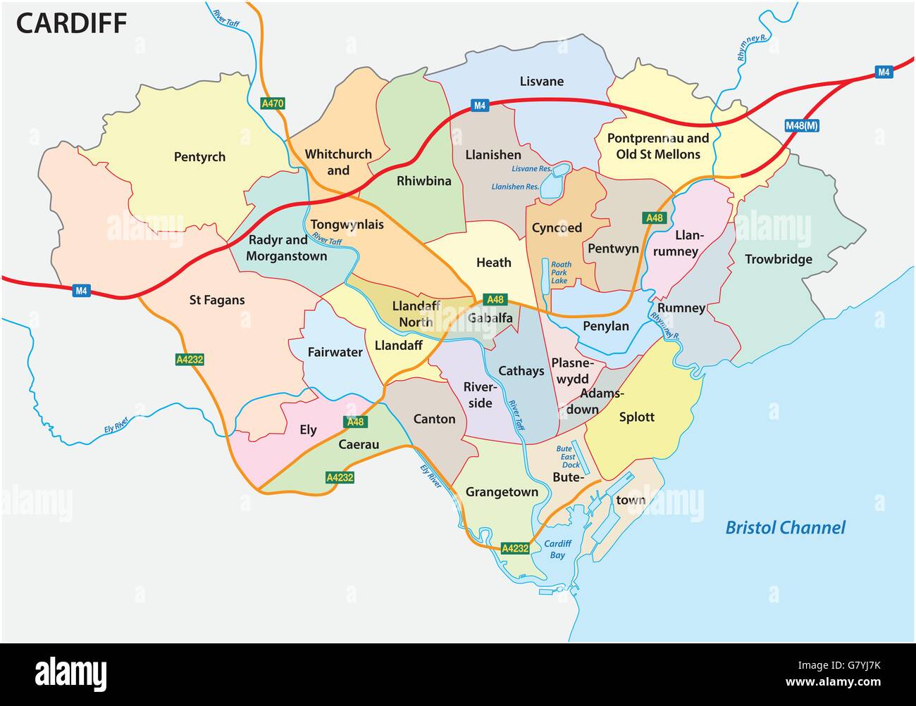 Carte vectorielle administrative et politique de la capitale galloise Cardiff Illustration de Vecteur