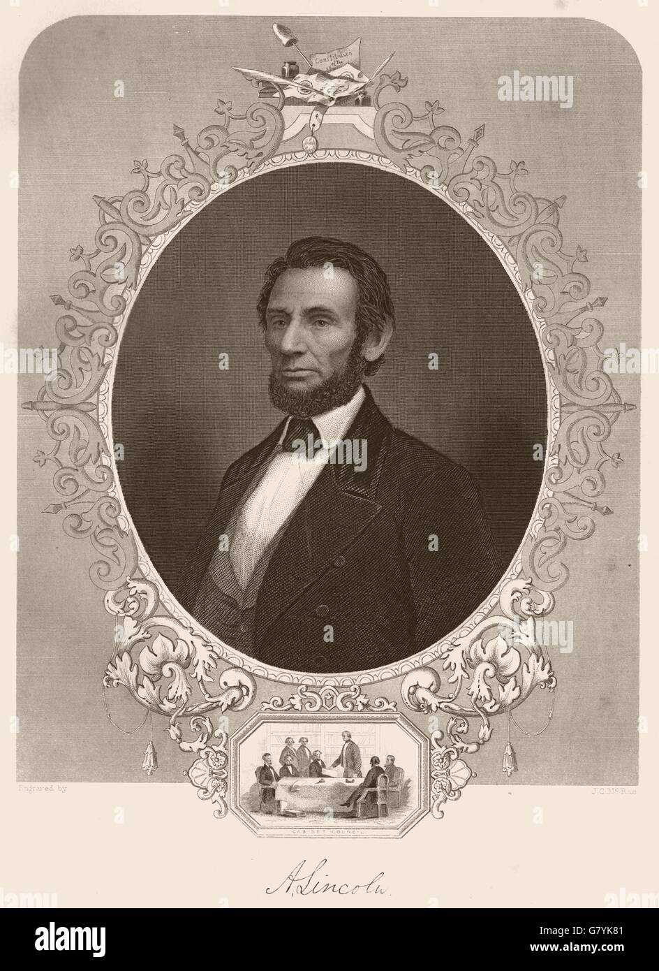 Guerre civile américaine. Le président Abraham Lincoln. En médaillon : Cabinet Conseil, 1864 Banque D'Images