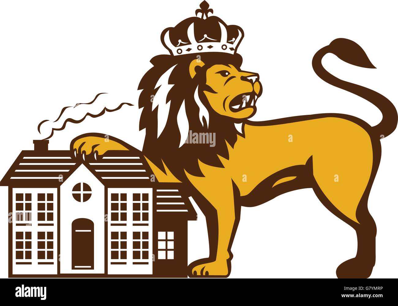 Illustration d'un roi lion avec couronne à la recherche sur le côté avec sa patte sur house situé sur fond blanc isolé vu de Illustration de Vecteur