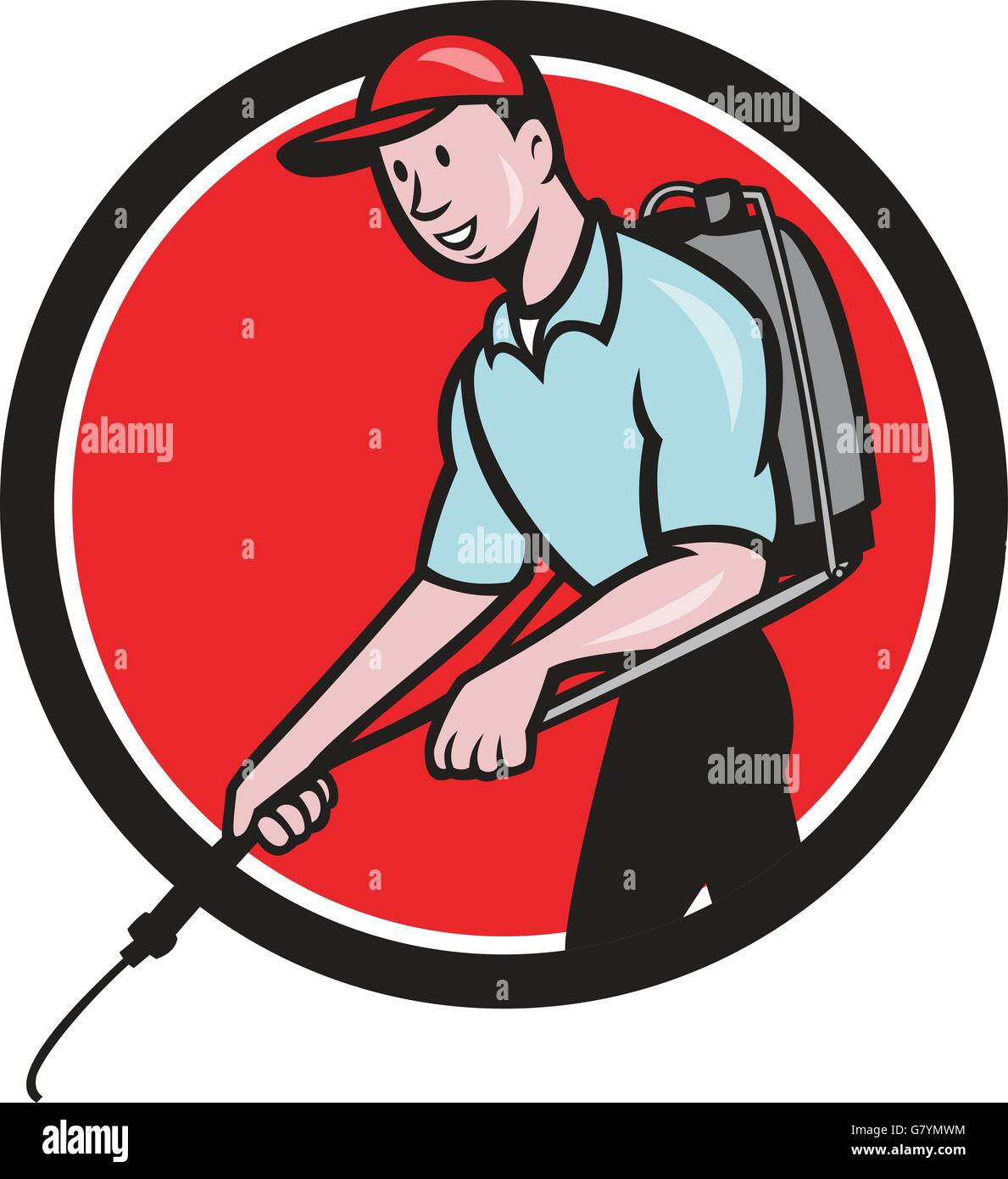 Illustration d'un exterminateur antiparasitaires pulvérisant vu du côté situé à l'intérieur du cercle sur fond isolé fait en style cartoon. Illustration de Vecteur