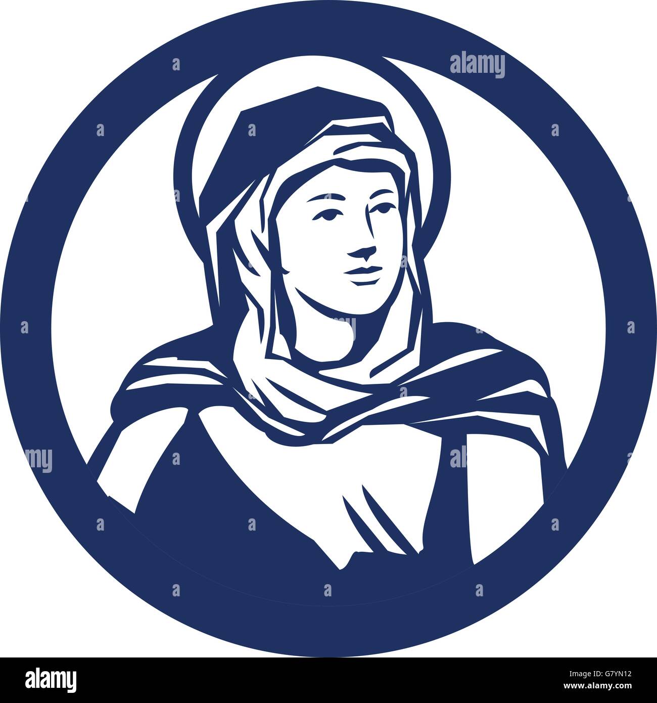 Illustration de la Bienheureuse Vierge Marie à côté de l'ensemble à l'intérieur du cercle fait en style rétro. Illustration de Vecteur