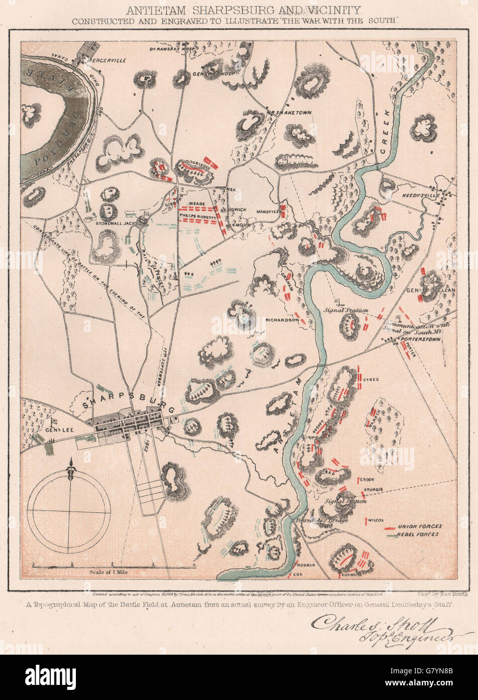 Guerre civile américaine. Antietam, Sharpsburg et environs, 1864 carte antique Banque D'Images