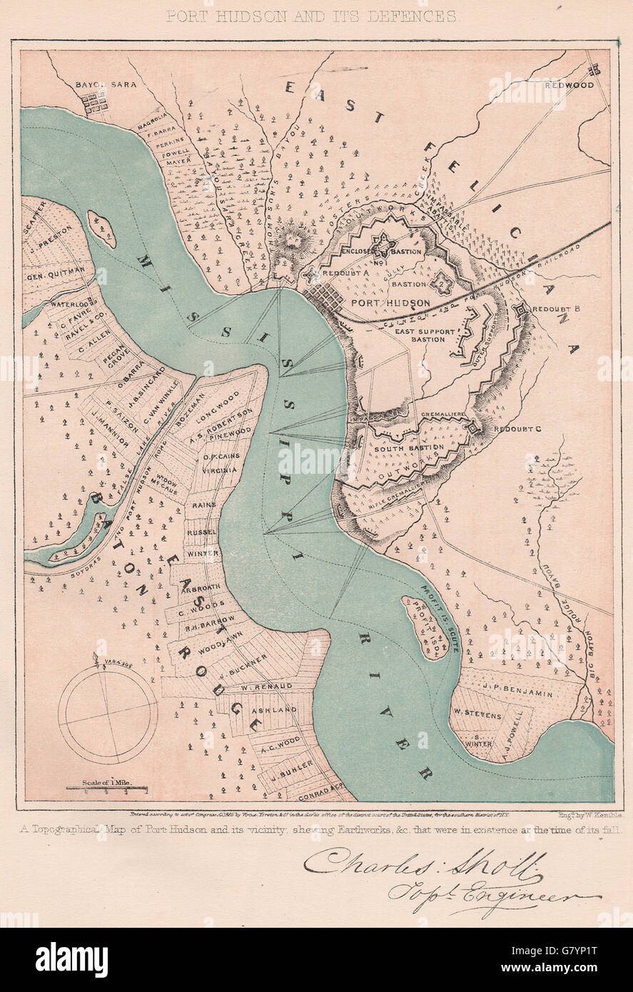 Guerre civile américaine. Port Hudson et ses défenses. Louisiane, 1864 carte antique Banque D'Images