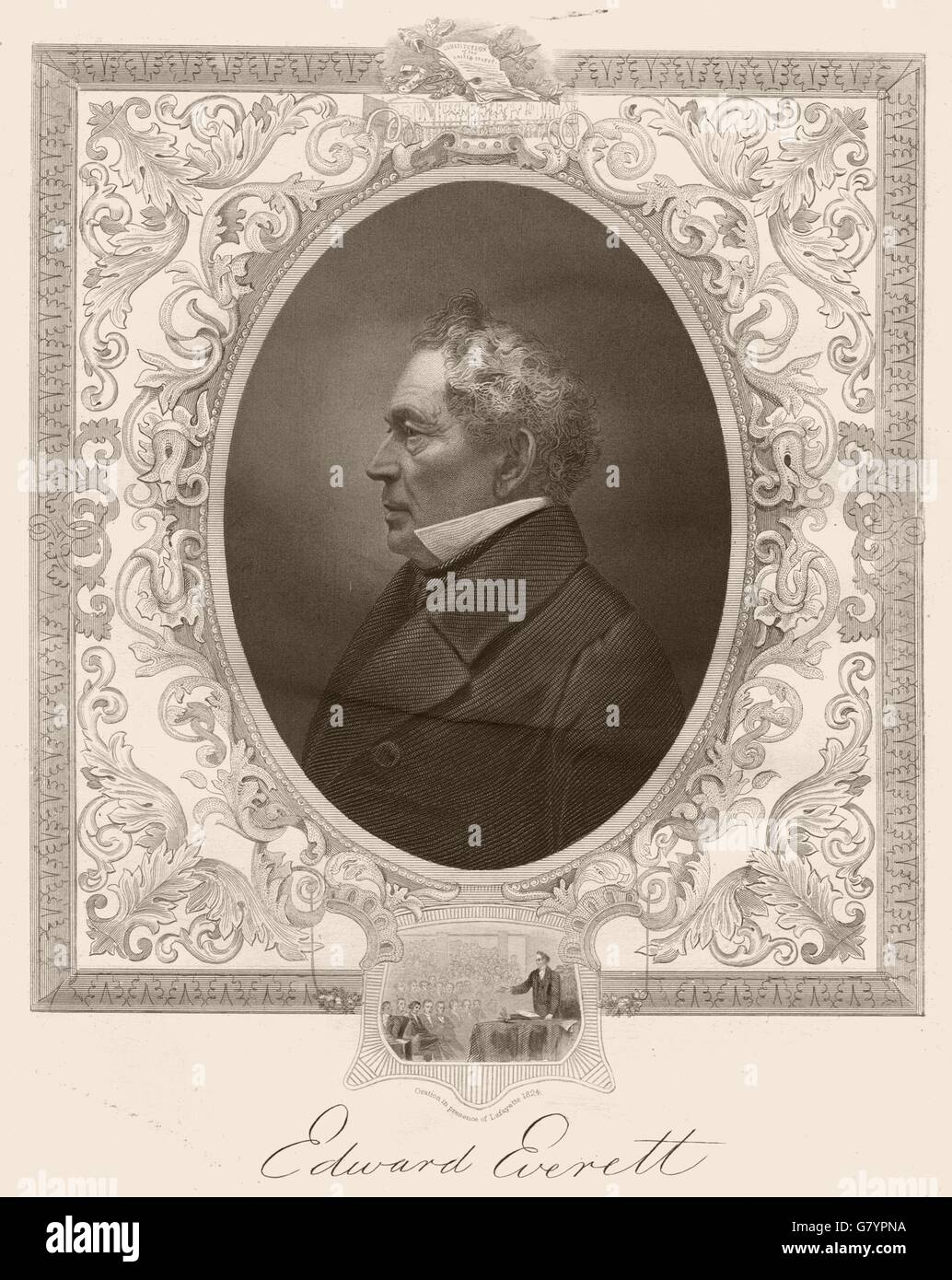 Guerre civile américaine. Edward Everett. En médaillon : avec Lafayette 1824, old print 1864 Banque D'Images