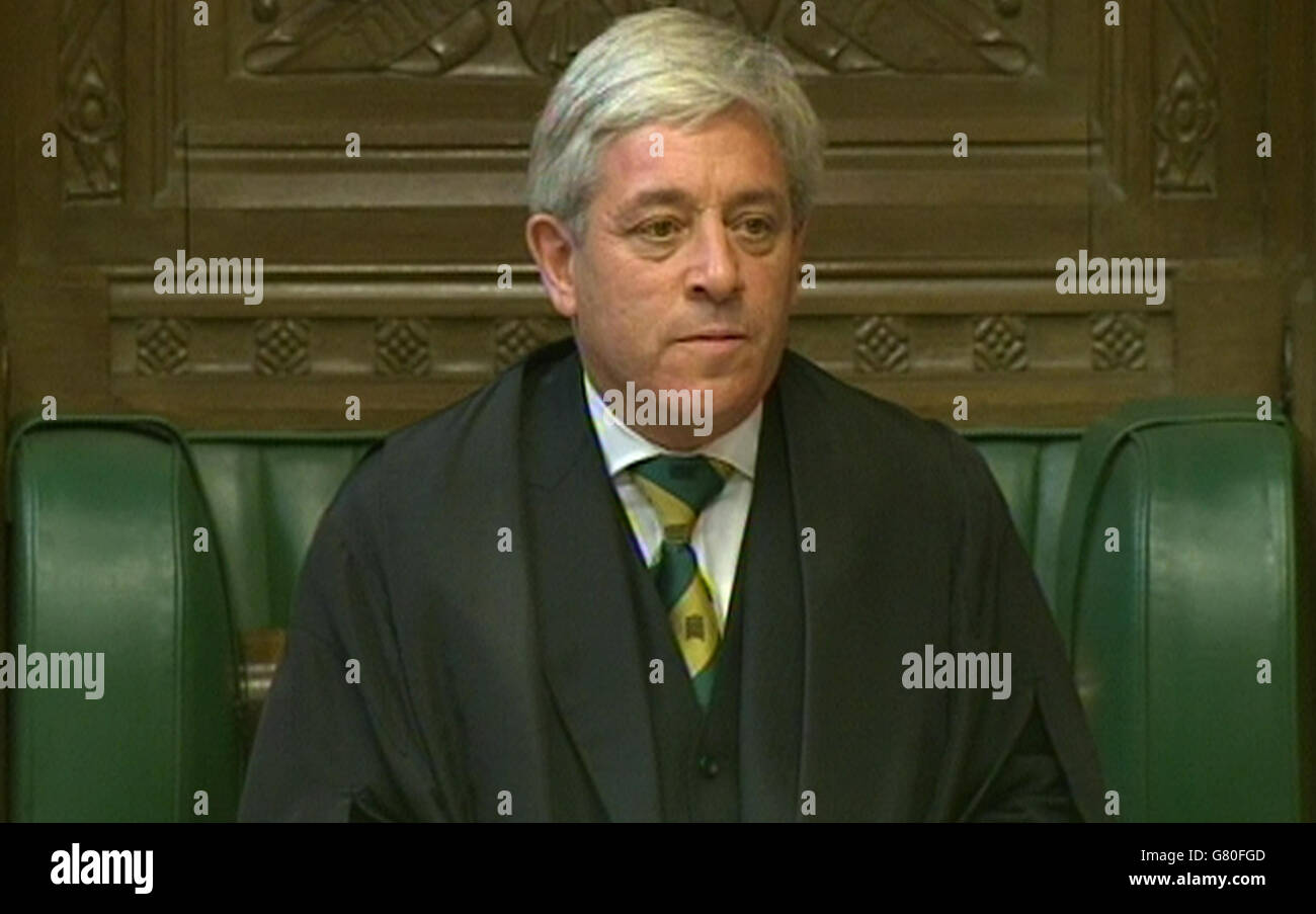 Le Président des communes, John Bercow, à la Chambre des communes, à Londres, au cours d'un débat sur le discours de la Reine. Banque D'Images