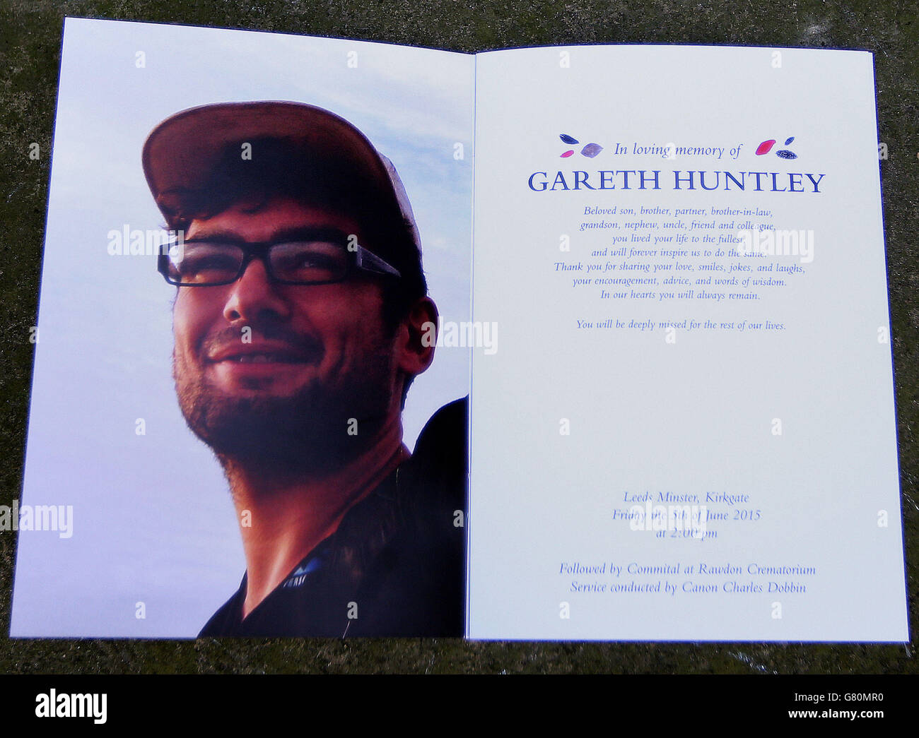 L'ordre de service pour les funérailles du routard Gareth Huntley, décédé en Malaisie il y a un an, à Leeds Minster. Banque D'Images