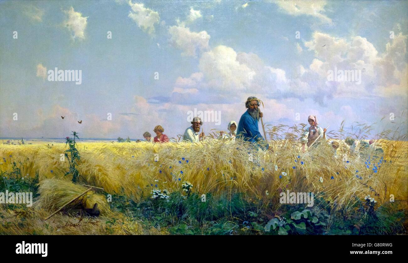Moment de la récolte, scythers, par grigory myasoyedov, 1887, musée russe, Saint-Pétersbourg, Russie Banque D'Images
