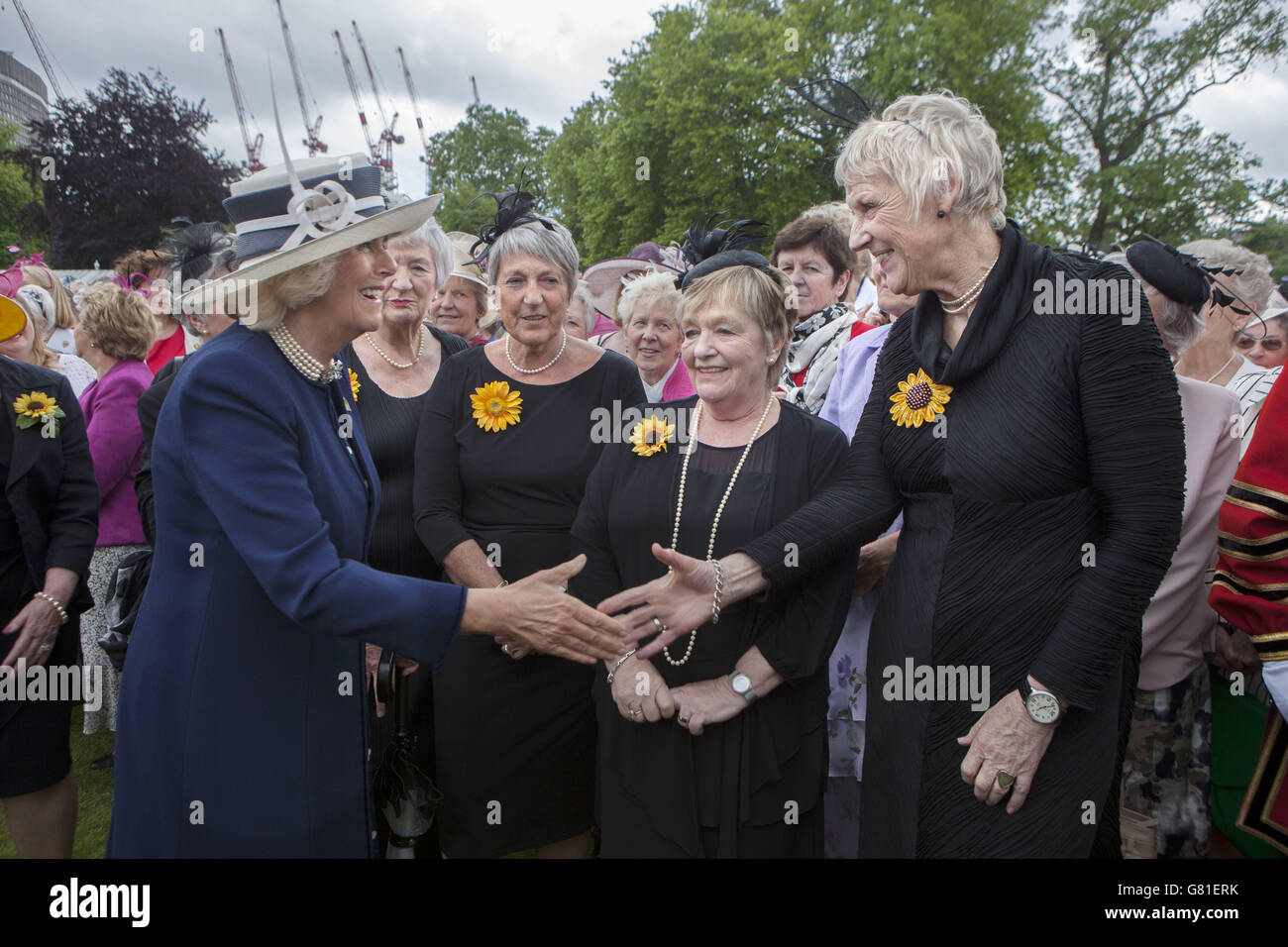 La duchesse de Cornwall s'entretient avec les calèves qui ont été rendues célèbres par un long métrage alors qu'elle accueille une Garden Party en l'honneur du centenaire de l'Institut des femmes, qui s'est tenu à Buckingham Palace, Londres. Banque D'Images