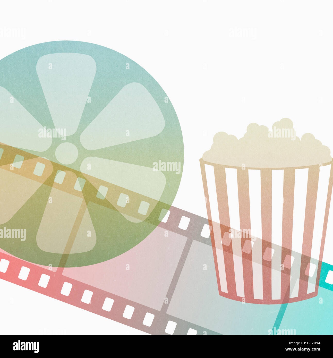 Illustration de boîte de pop-corn avec bande de film et le tambour contre fond blanc Banque D'Images