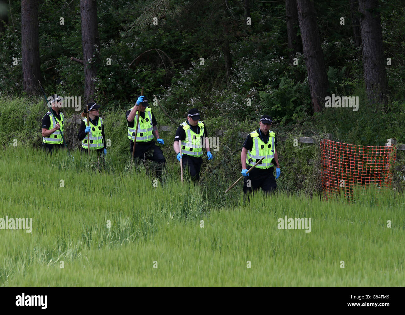 Les policiers fouillez les lieux à la jonction 9 de la M9 après avoir découvert hier une voiture hors de la route avec le conducteur mort et le passager encore en vie. Une enquête a été lancée sur l'incapacité de la police à faire suite à un rapport de l'accident qui a tué John Yuill, 28 ans, et qui a causé des blessures graves à l'hôpital à Lamara Bell, âgée de 25 ans. Banque D'Images