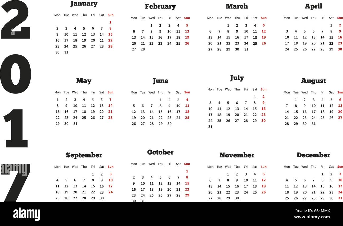 Calendrier Sur L Annee 17 Avec Semaine A Partir De Lundi Feuille Image Vectorielle Stock Alamy