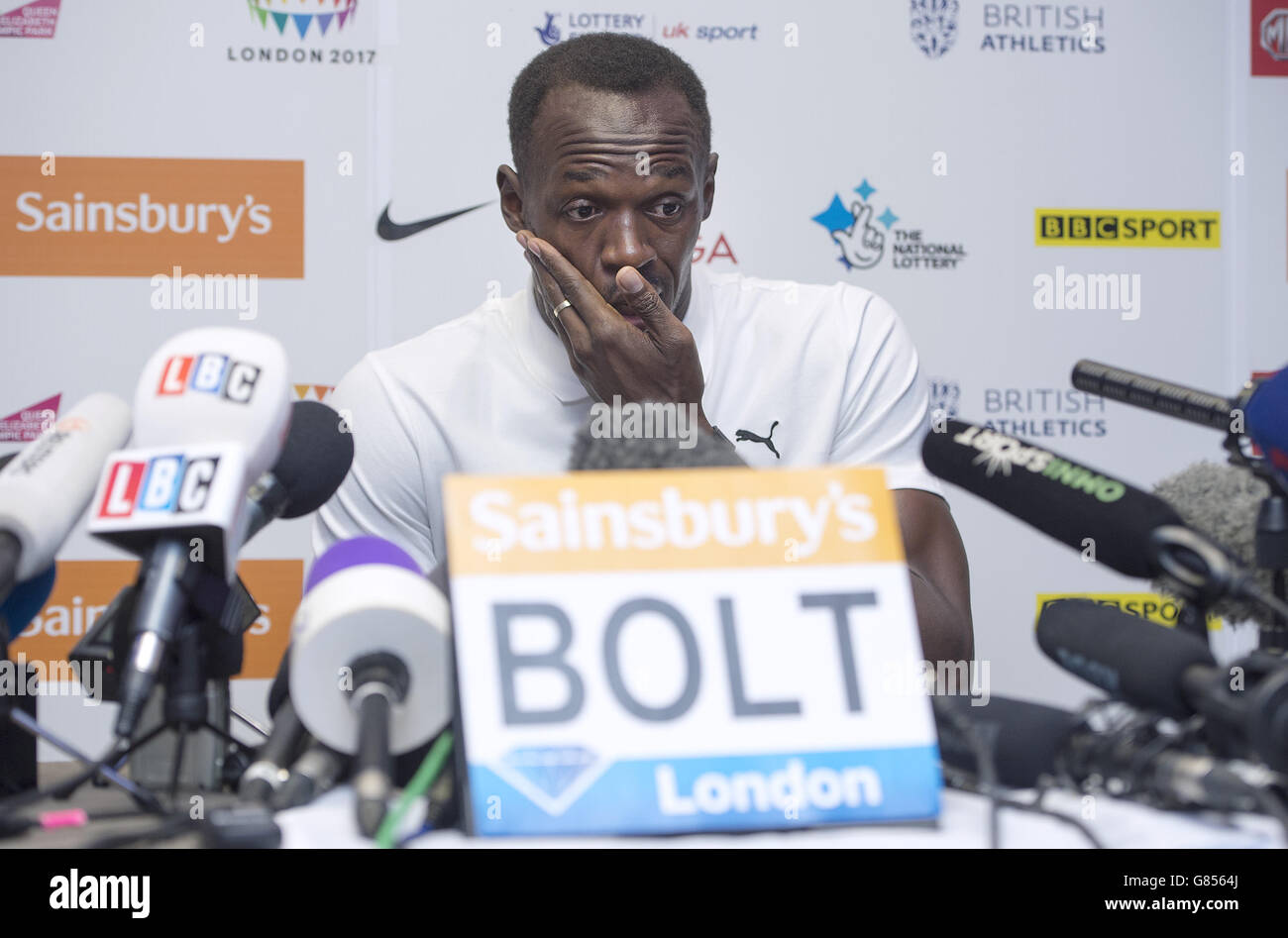 Usain Bolt parle lors d'une conférence de presse à l'hôtel Grange Tower Bridge, Londres. APPUYEZ SUR ASSOCIATION photo. Date de la photo: Jeudi 23 juillet 2015. Voir PA Story ATHLETICS Bolt. Le crédit photo devrait se lire : Anthony Devlin/PA Wire Banque D'Images