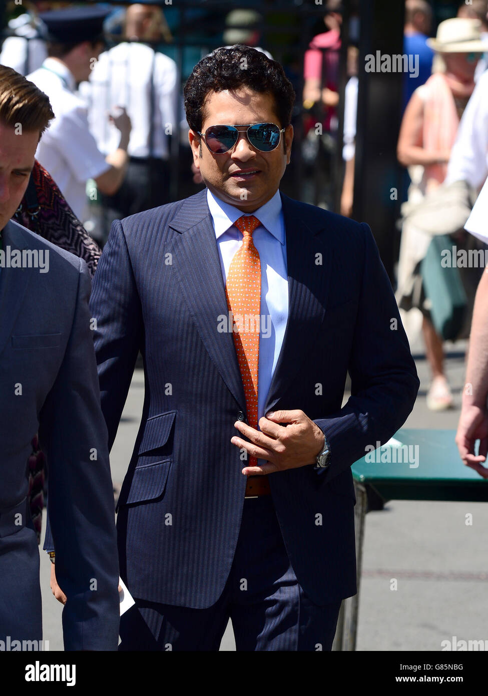 Sachin Tendulkar arrivée le onzième jour des championnats de Wimbledon au All England Lawn tennis and Croquet Club, Wimbledon. Banque D'Images