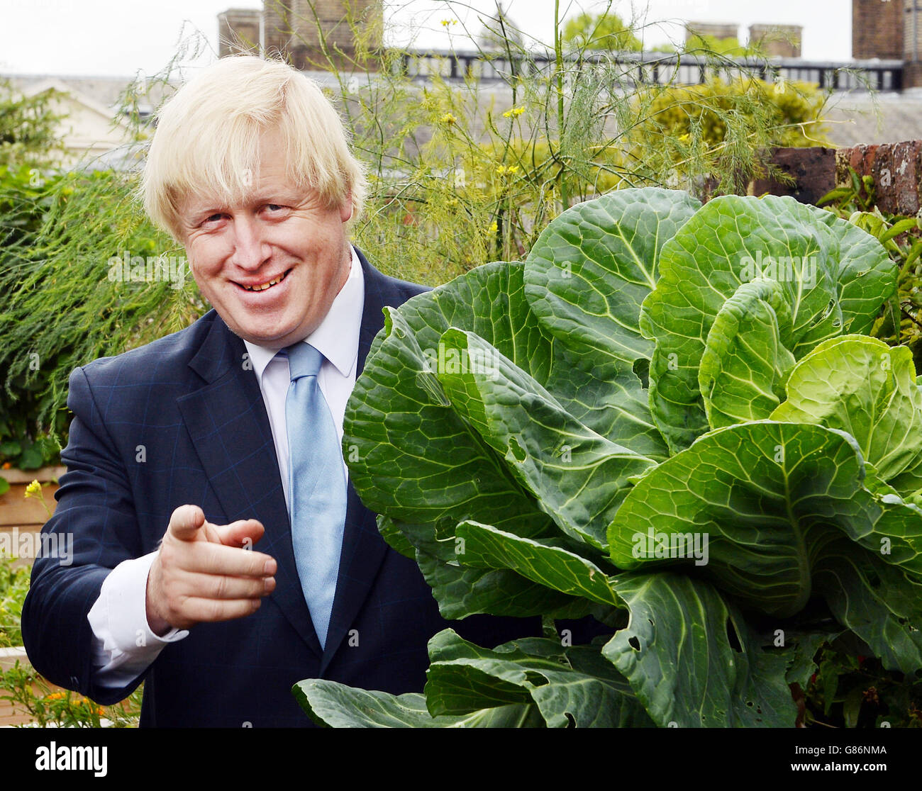 Le maire de Londres Boris Johnson avec un chou au Royal Hospital Chelsea à Londres, alors qu'ils prennent part à la thérapie horticole gérée par la charité Gardening Leave, qui aide les anciens militaires de service de récupérer des cicatrices invisibles du conflit. Banque D'Images