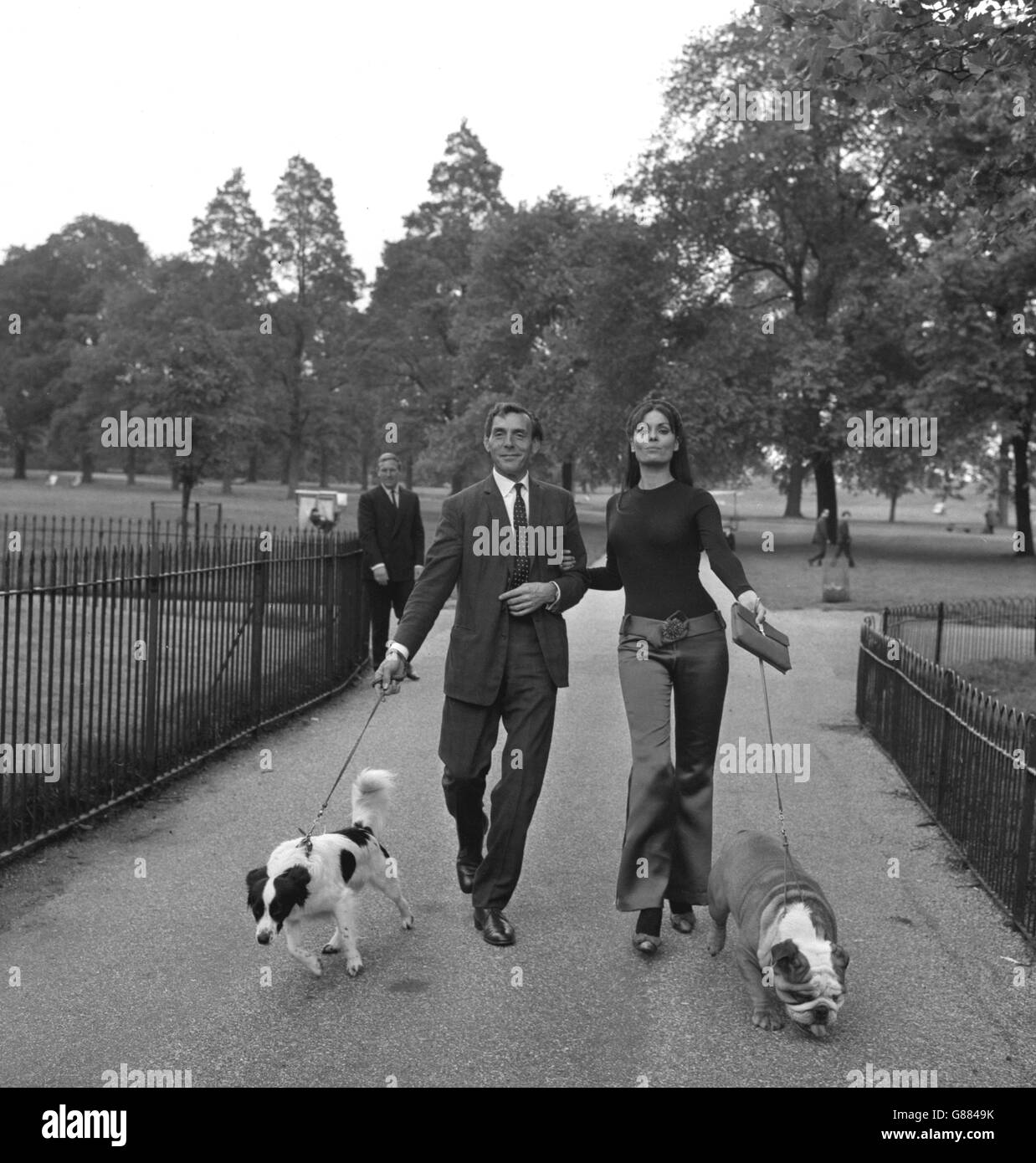 Deux chiens qui sont sur le point d'apparaître dans le nouveau film "The Spy with a Cold Nose" sont pris pour une promenade à Kensington Gardens, Londres, par deux des stars du film.Eric Sykes, qui marche les cornichons, le chien qui a trouvé le trophée Jules Rimet volé et a une part dans le film, et Daliah Lavi a Disraeli, le Bulldog qui joue le rôle de titre dans la photo. Banque D'Images