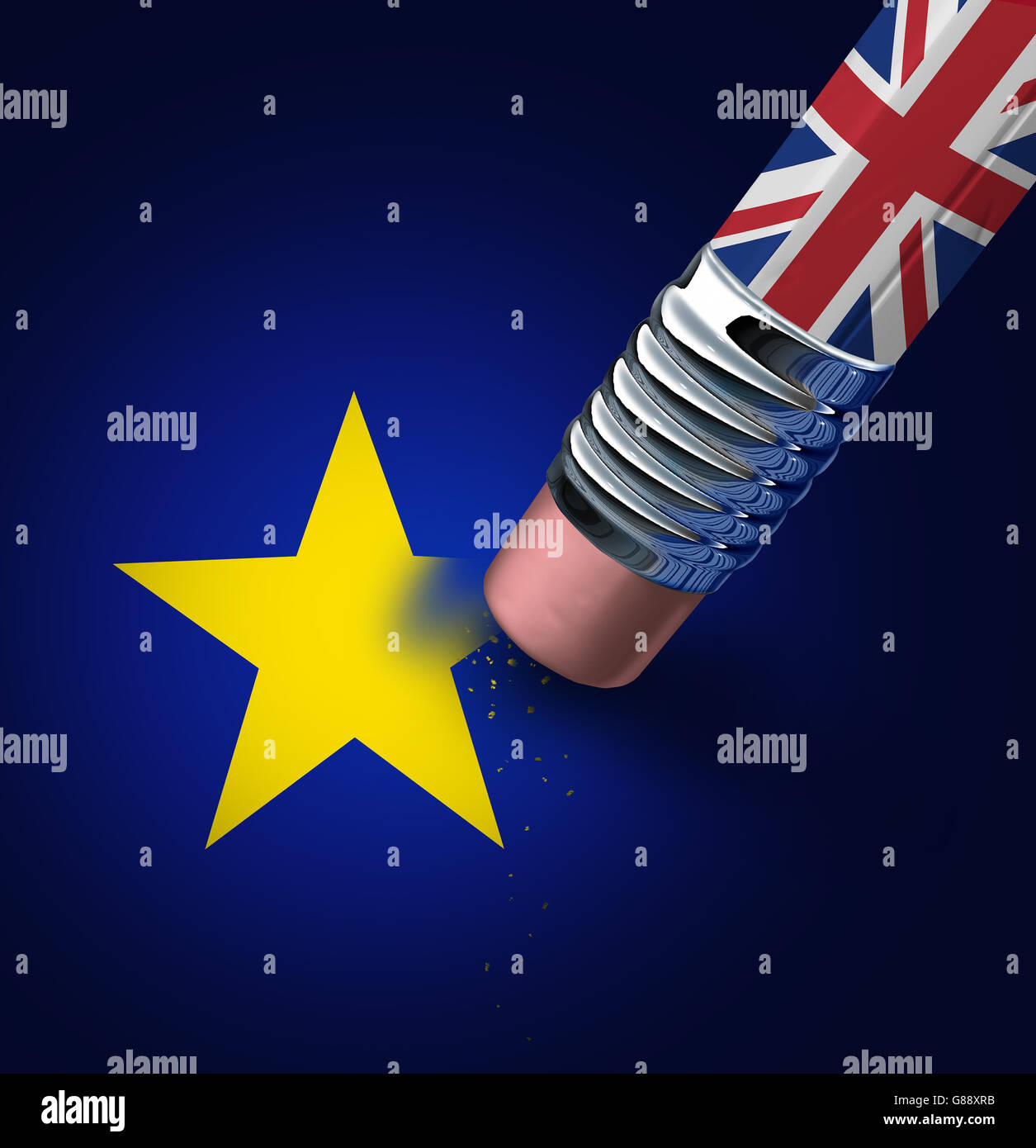 La Grande-Bretagne de l'Union européenne Décision de sortie comme un brexit quitter concept et UK laissant voter ou crise de la zone euro qu'un crayon avec le drapeau britannique l'effacement d'une star de l'Europe comme une icône 3D illustration. Banque D'Images