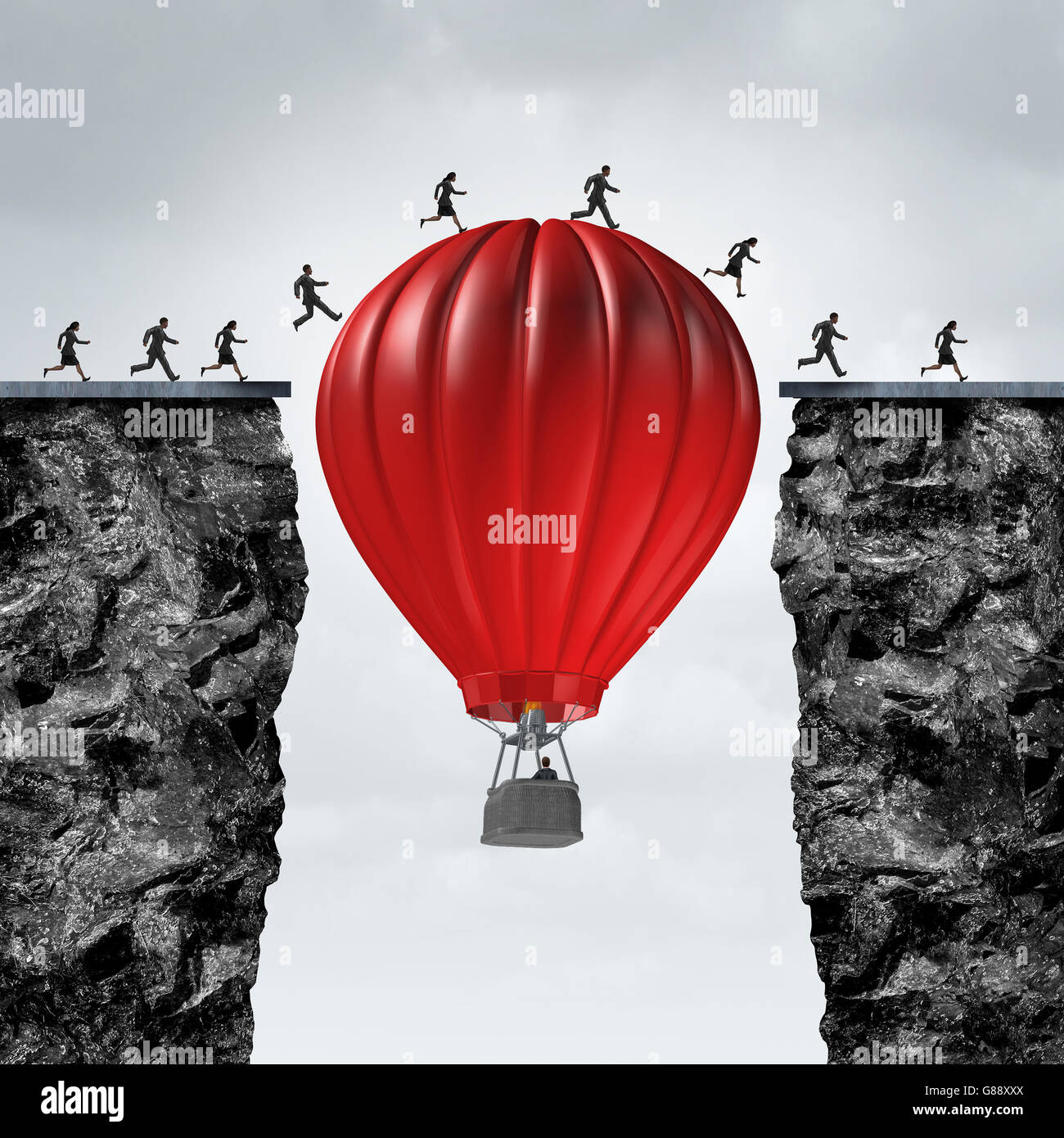 Occasion manager et solutionneur de problème concept d'entreprise comme air balloon rouge créant un lien de soutien d'aider une équipe d'entrepreneurs traverser vers un objectif d'entreprise à succès avec 3D illustration éléments. Banque D'Images