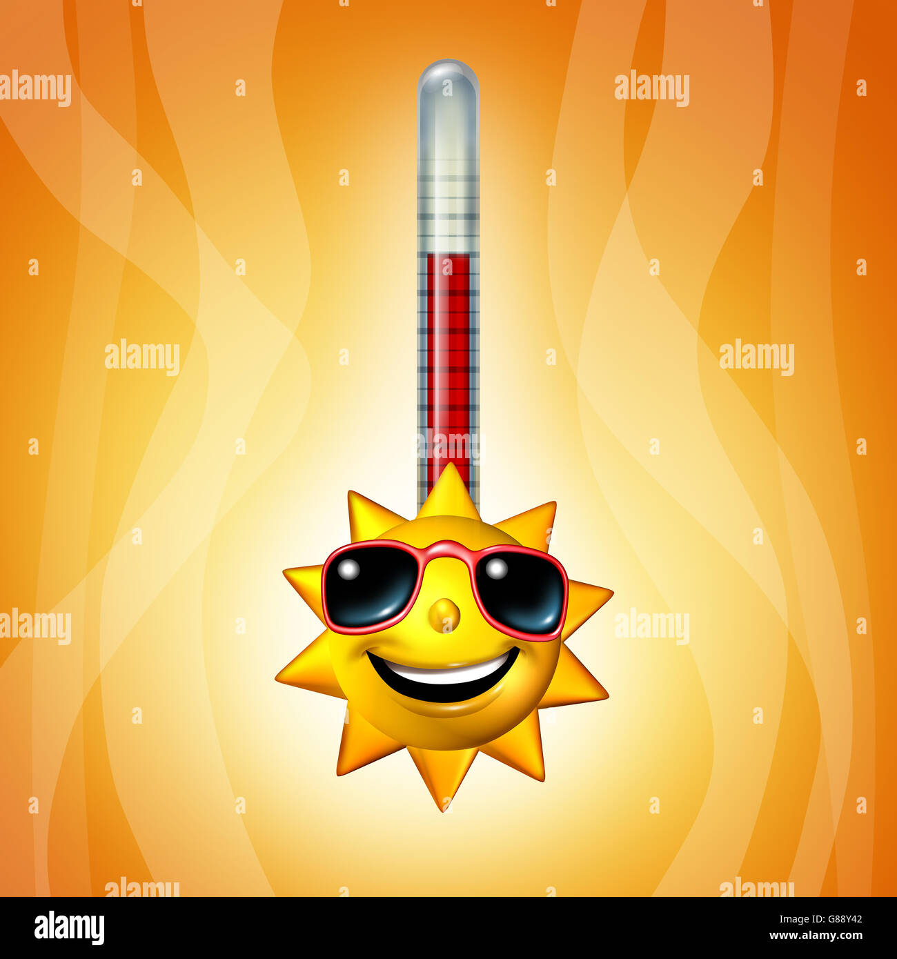 Le soleil chaud température thermomètre comme une vague de chaleur comme un personnage jaune qui représente l'extrême de rupture record de temps chaud en été, symbole comme un 3D illustration. Banque D'Images