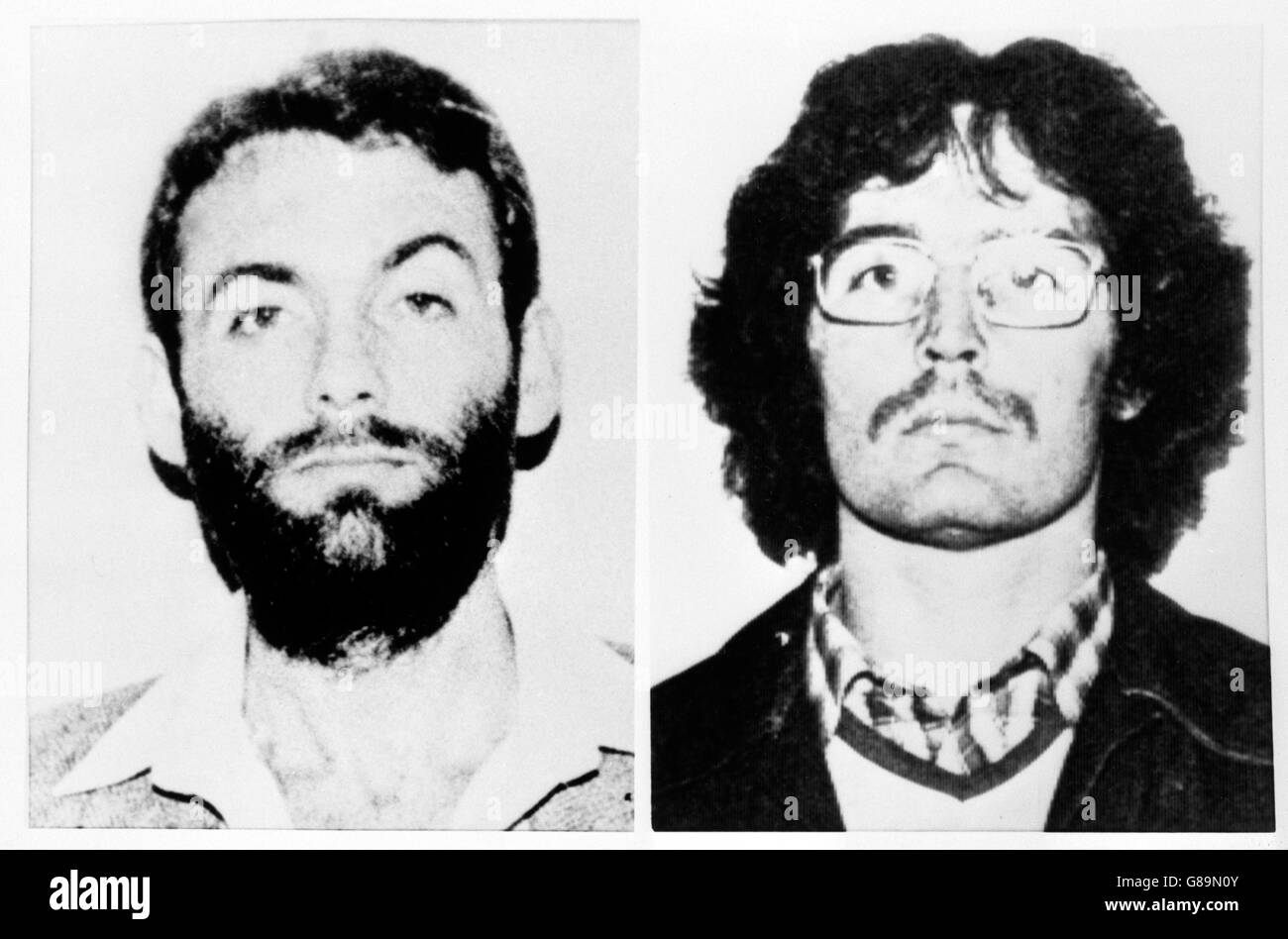 Image composite de deux des Irlandais détenus hier par la police néerlandaise, qui ont écrasé une opération massive de contrebande d'armes à Amsterdam. La gauche est le chef terroriste Brendan McFarlane (photo datée de 26.09.83), considéré comme le chef de la prochaine attaque de l'IRA sur les services de sécurité à Ulster, et la droite est Gerard Kelly. Banque D'Images