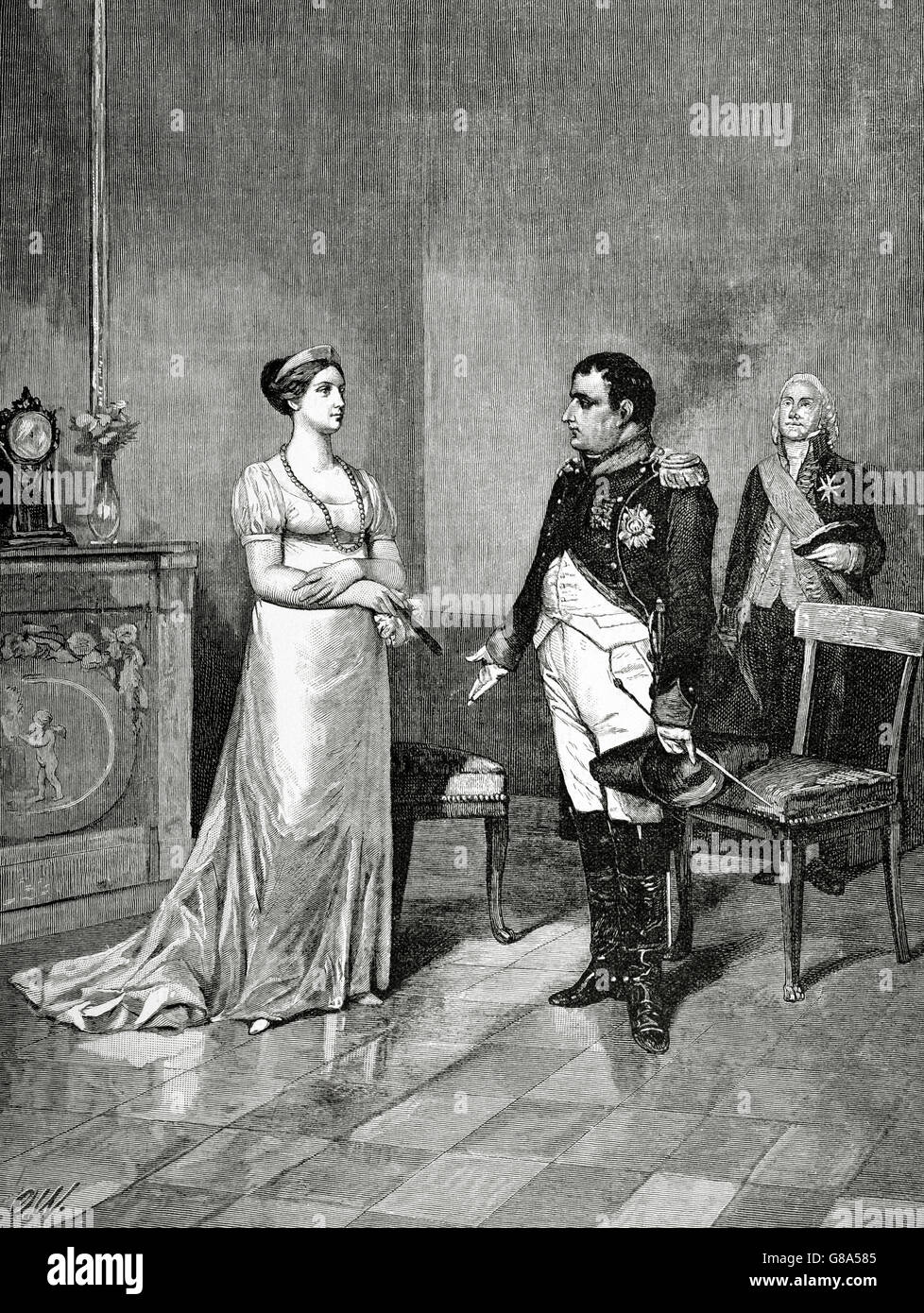 La Reine Marie Louise, duchesse de Parme (1791-1847) et Napoléon I Bonaparte (1769-1821) à Tilsit. Gravure de A. Closs. Germania, 1882. Banque D'Images