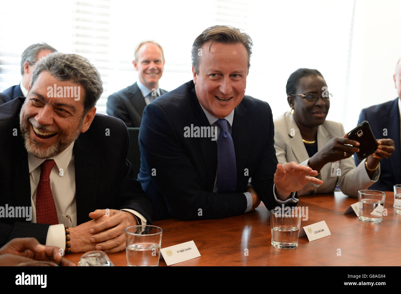 Le Premier ministre David Cameron rencontre les dirigeants de divers pays des Caraïbes à l'Assemblée générale des Nations Unies à New York. Banque D'Images