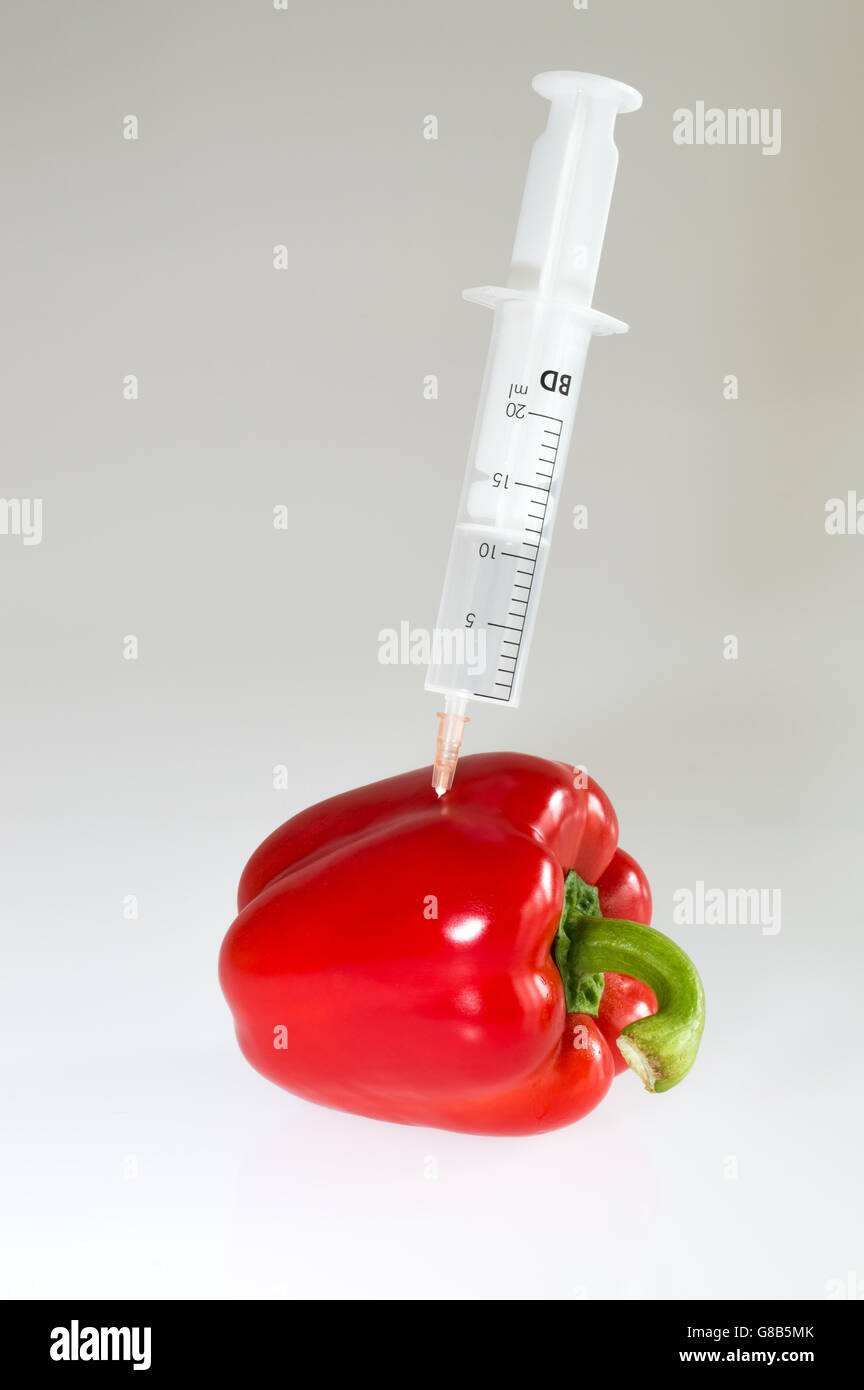 Pesticides - une seringue coller dans un poivron rouge Banque D'Images
