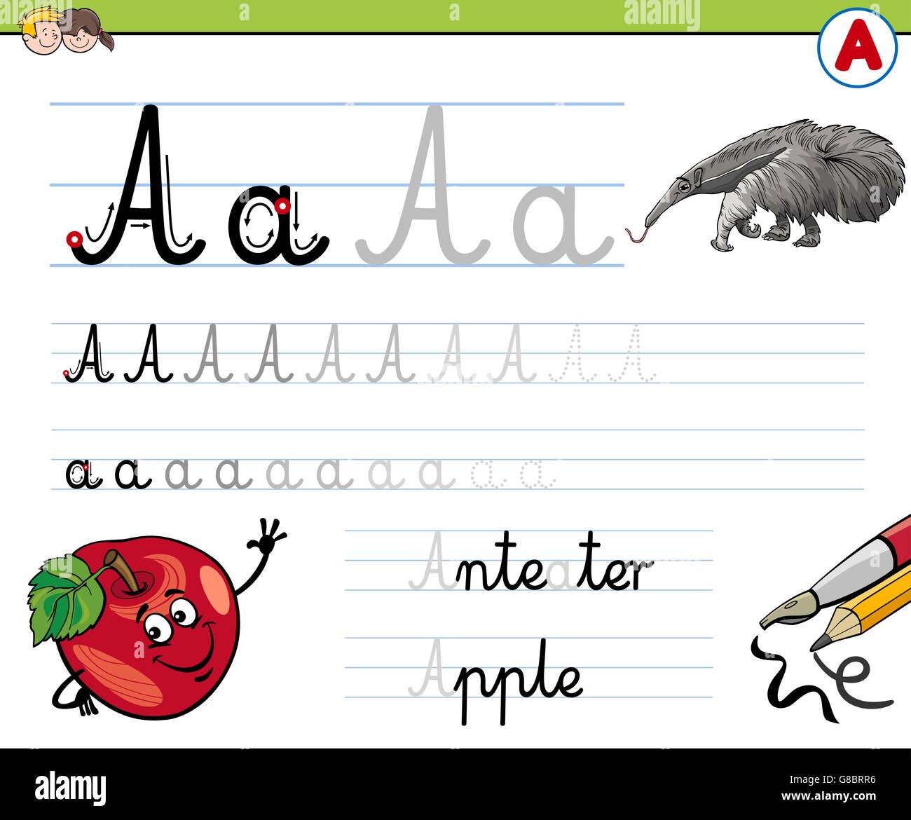 Cartoon Illustration de l'écriture pratique avec lettre d'une feuille de calcul pour les enfants Illustration de Vecteur